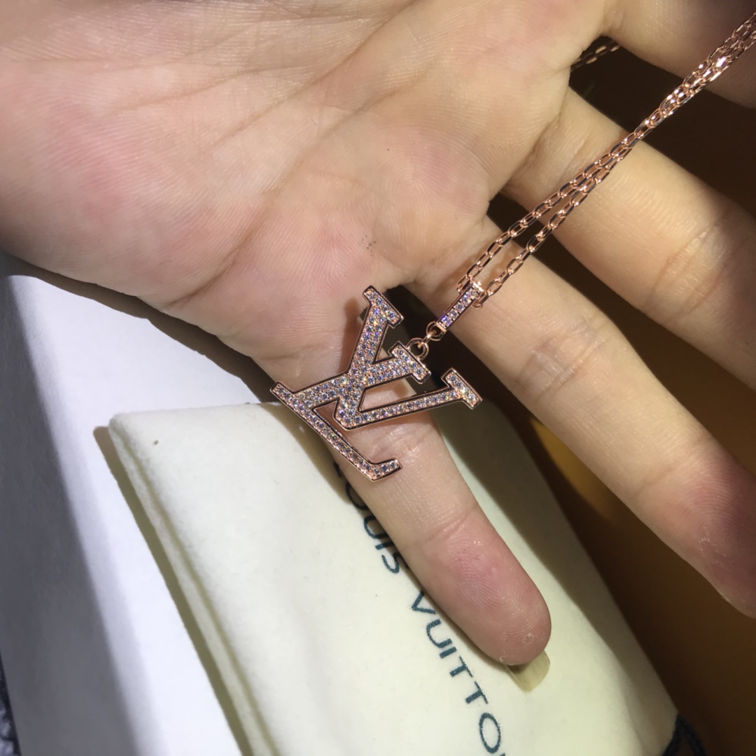 Louis Vuitton Full Diamond Paved LV Pendant Necklace - Best Replica Jewelry™