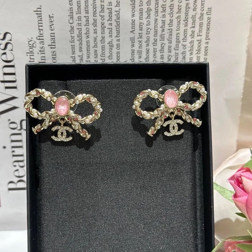 Chanel Pink Rhinestone Bow Brooch Earrings - Best Replica Jewelry™