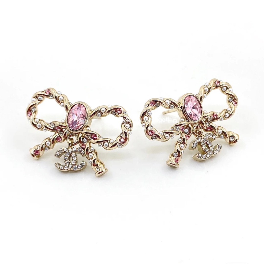Chanel Pink Rhinestone Bow Brooch Earrings - Best Replica Jewelry™