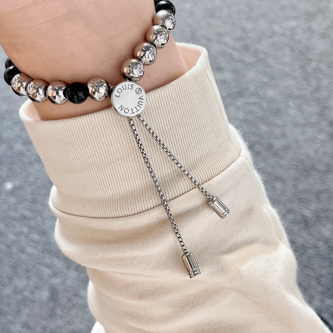 Louis Vuitton Pullable Black and Silver Monogram Beads Bracelet - Best Replica Jewelry™