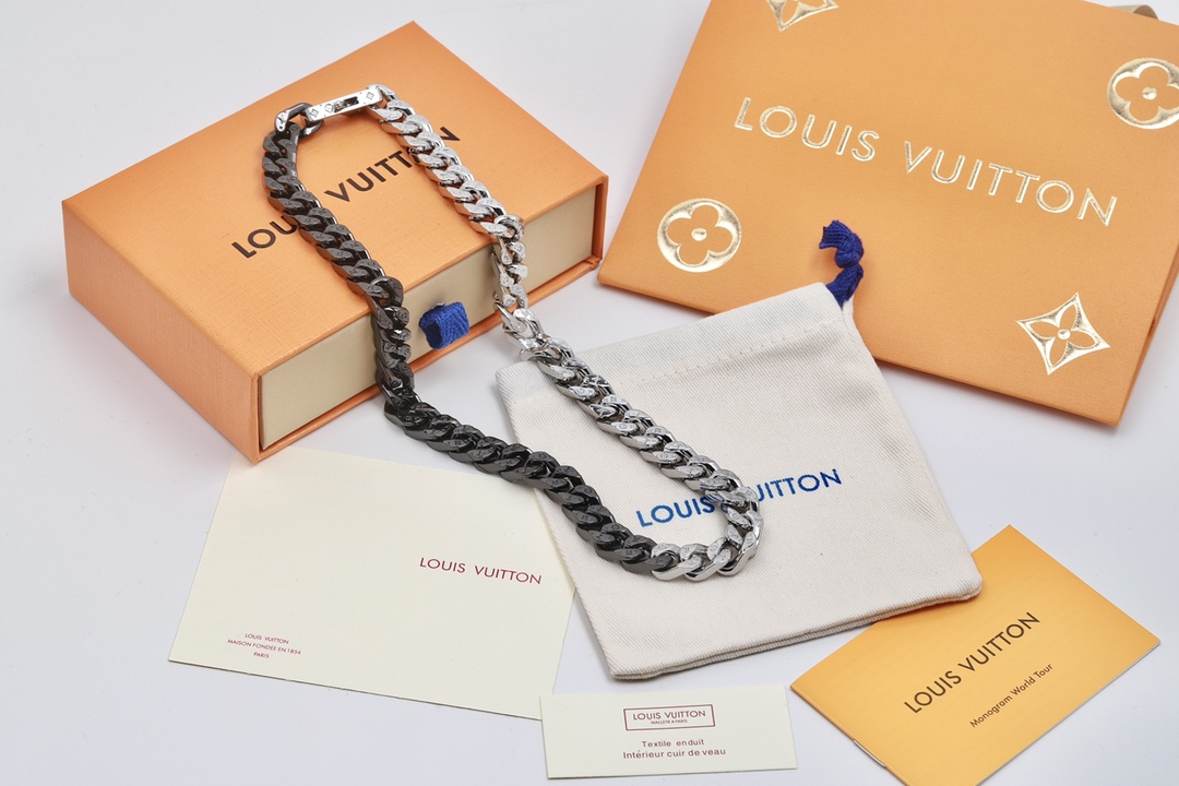 Louis Vuitton Half Black Half Silver Cuban Monogram Necklace - Best Replica Jewelry™