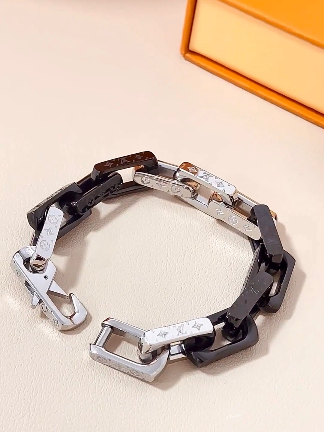 Louis Vuitton Silver and Black Mixed Color Monogram Bracelet - Best Replica Jewelry™