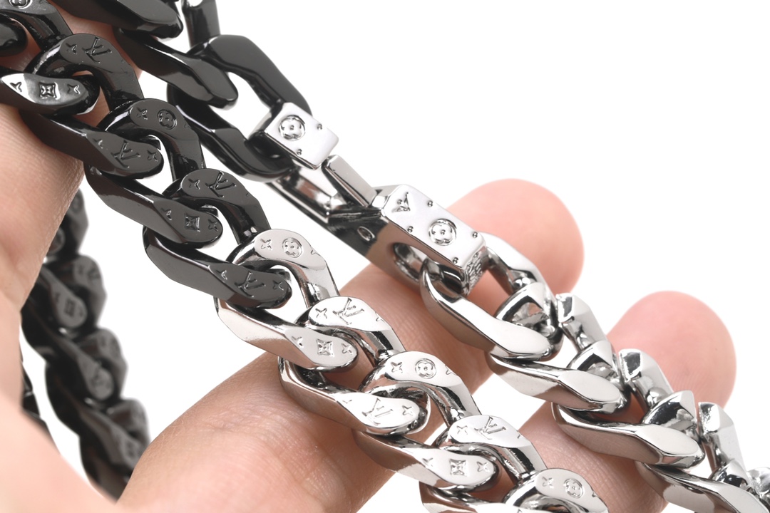 Louis Vuitton Half Black Half Silver Cuban Monogram Necklace - Best Replica Jewelry™