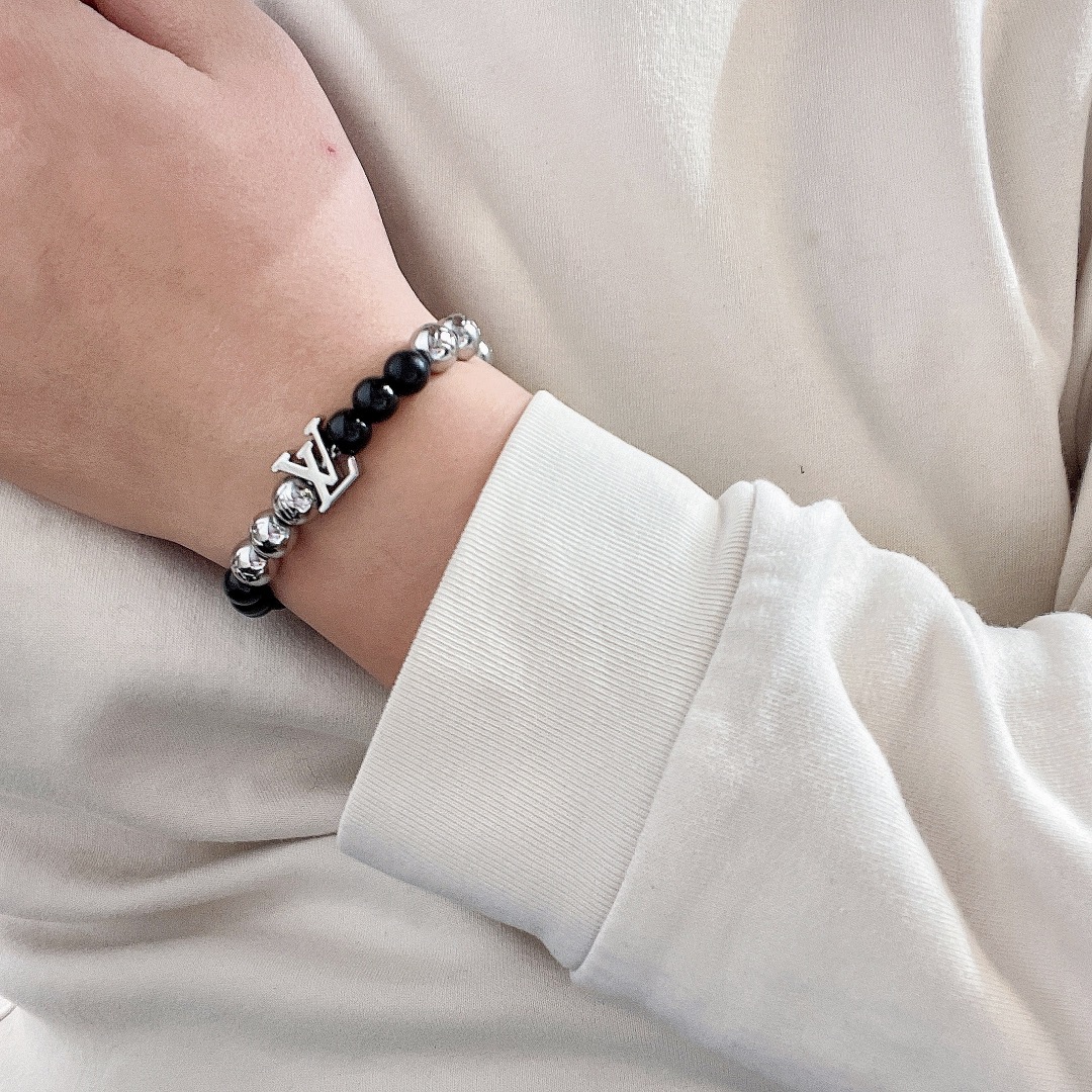Louis Vuitton Pullable Black and Silver Monogram Beads Bracelet - Best Replica Jewelry™