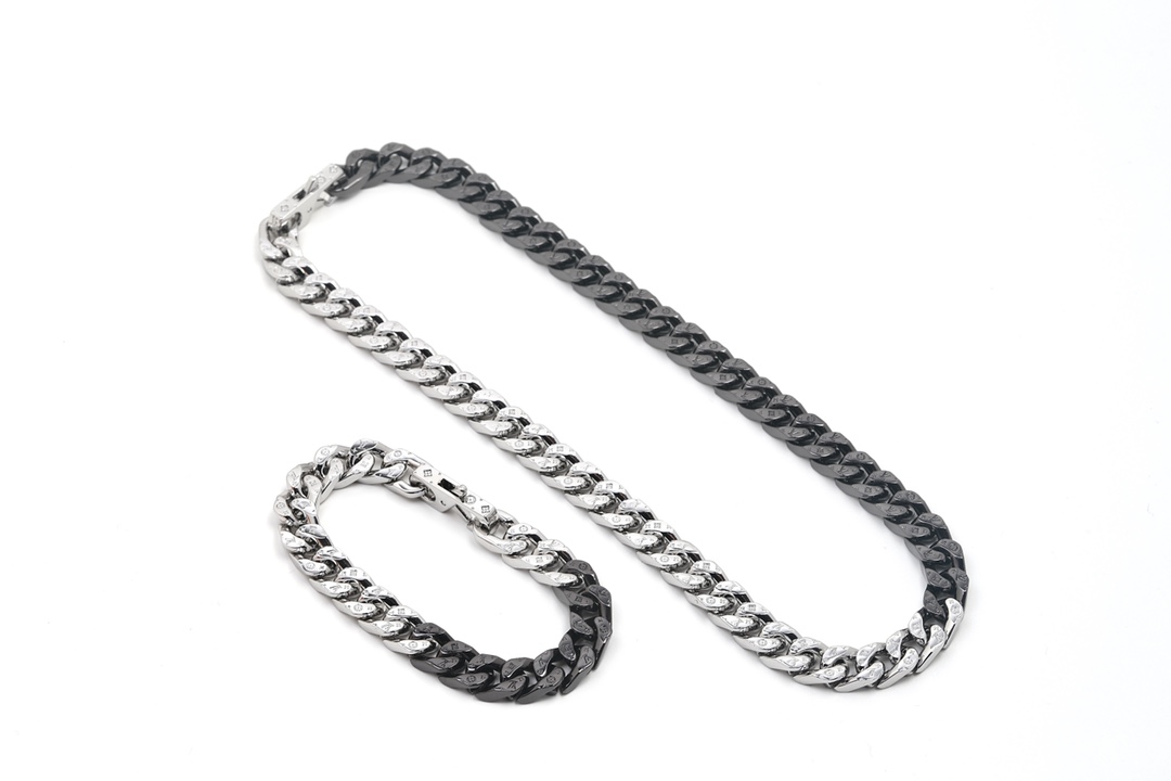 Louis Vuitton Half Black Half Silver Cuban Monogram Necklace - Best Replica Jewelry™