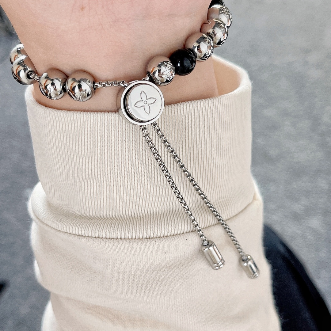 Louis Vuitton Pullable Black and Silver Monogram Beads Bracelet - Best Replica Jewelry™