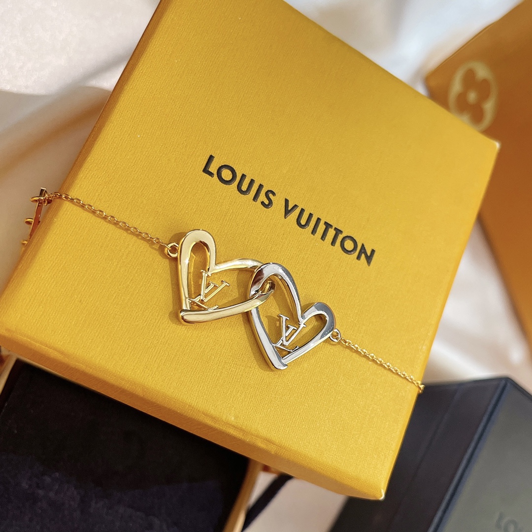 Louis Vuitton Hollow Silver Gold Double Interlocking Hearts Bracelet - Best Replica Jewelry™