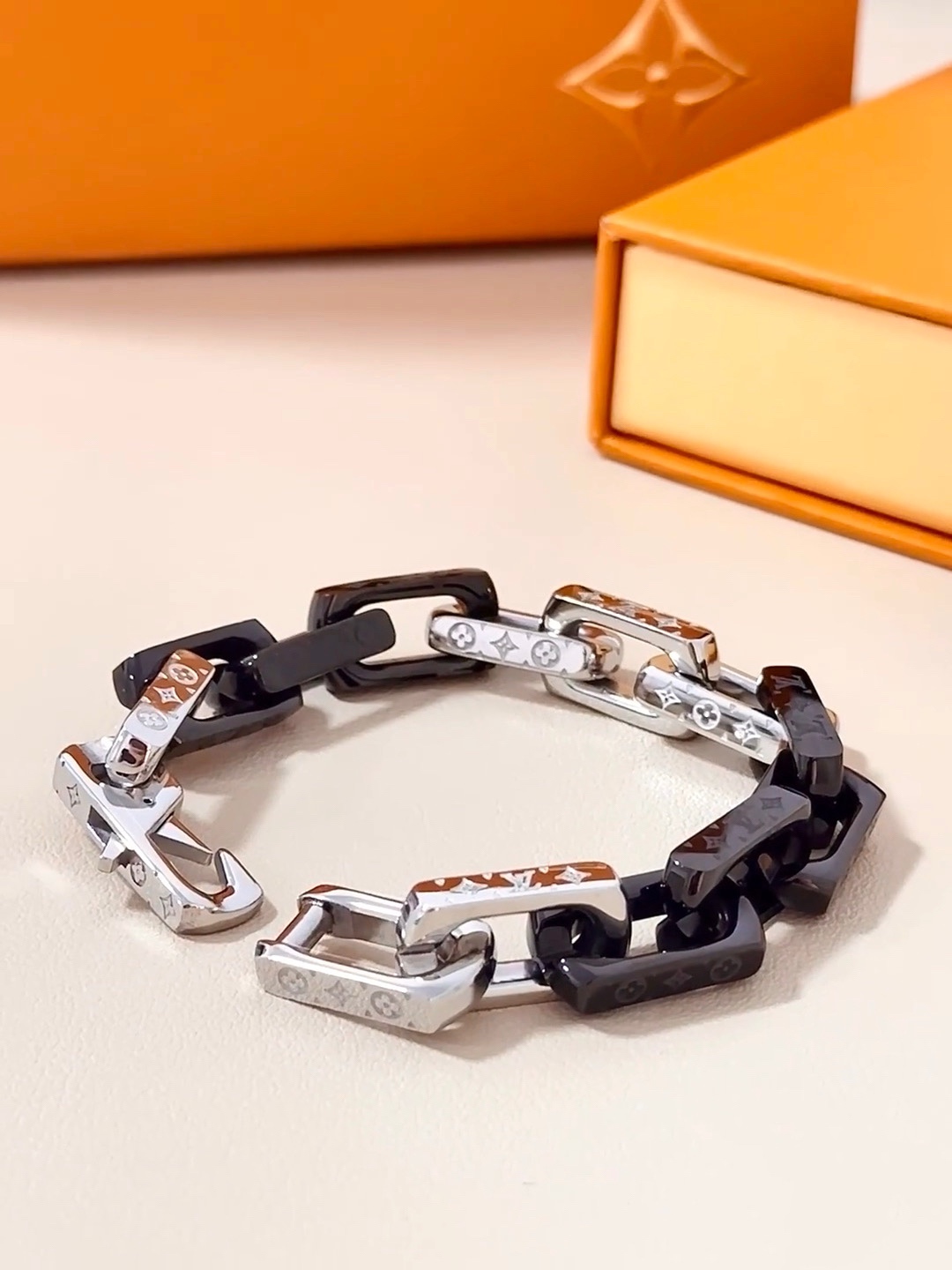Louis Vuitton Silver and Black Mixed Color Monogram Bracelet - Best Replica Jewelry™