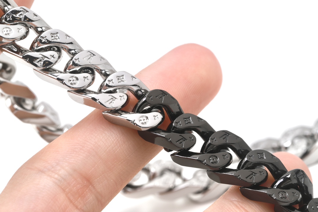 Louis Vuitton Half Black Half Silver Cuban Monogram Necklace - Best Replica Jewelry™