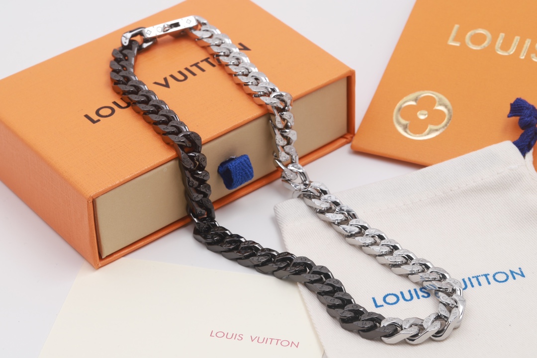 Louis Vuitton Half Black Half Silver Cuban Monogram Necklace - Best Replica Jewelry™