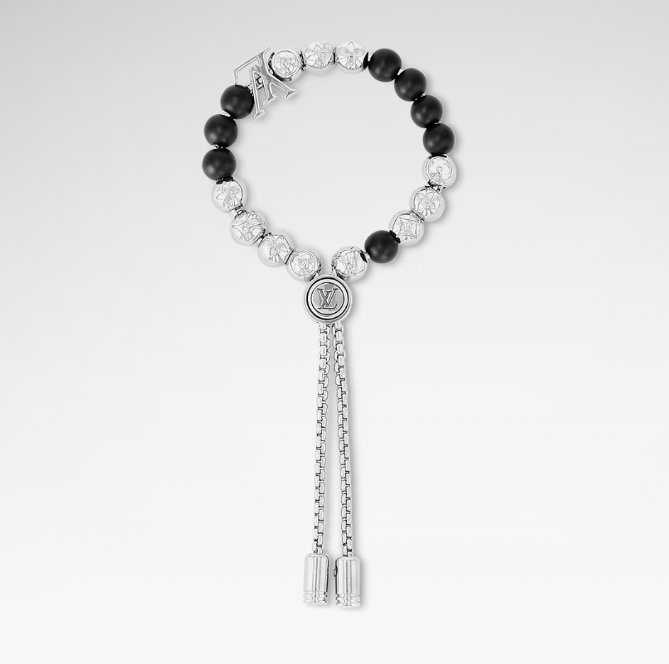 Louis Vuitton Pullable Black and Silver Monogram Beads Bracelet - Best Replica Jewelry™