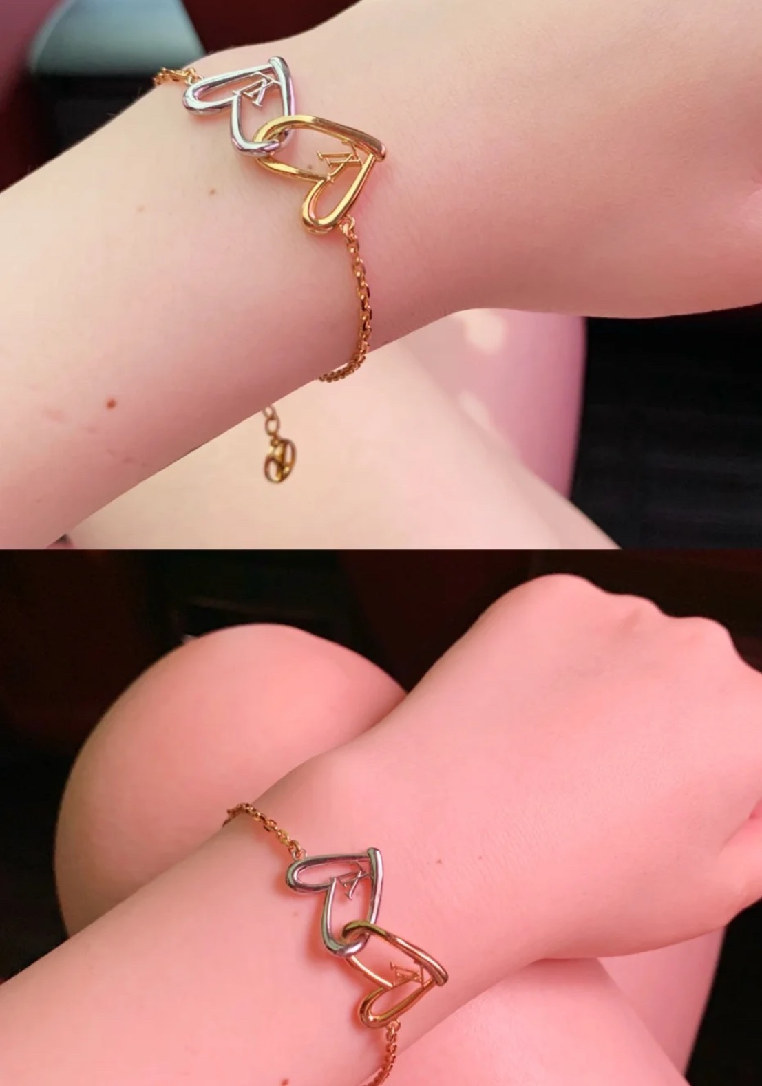 Louis Vuitton Hollow Silver Gold Double Interlocking Hearts Bracelet - Best Replica Jewelry™