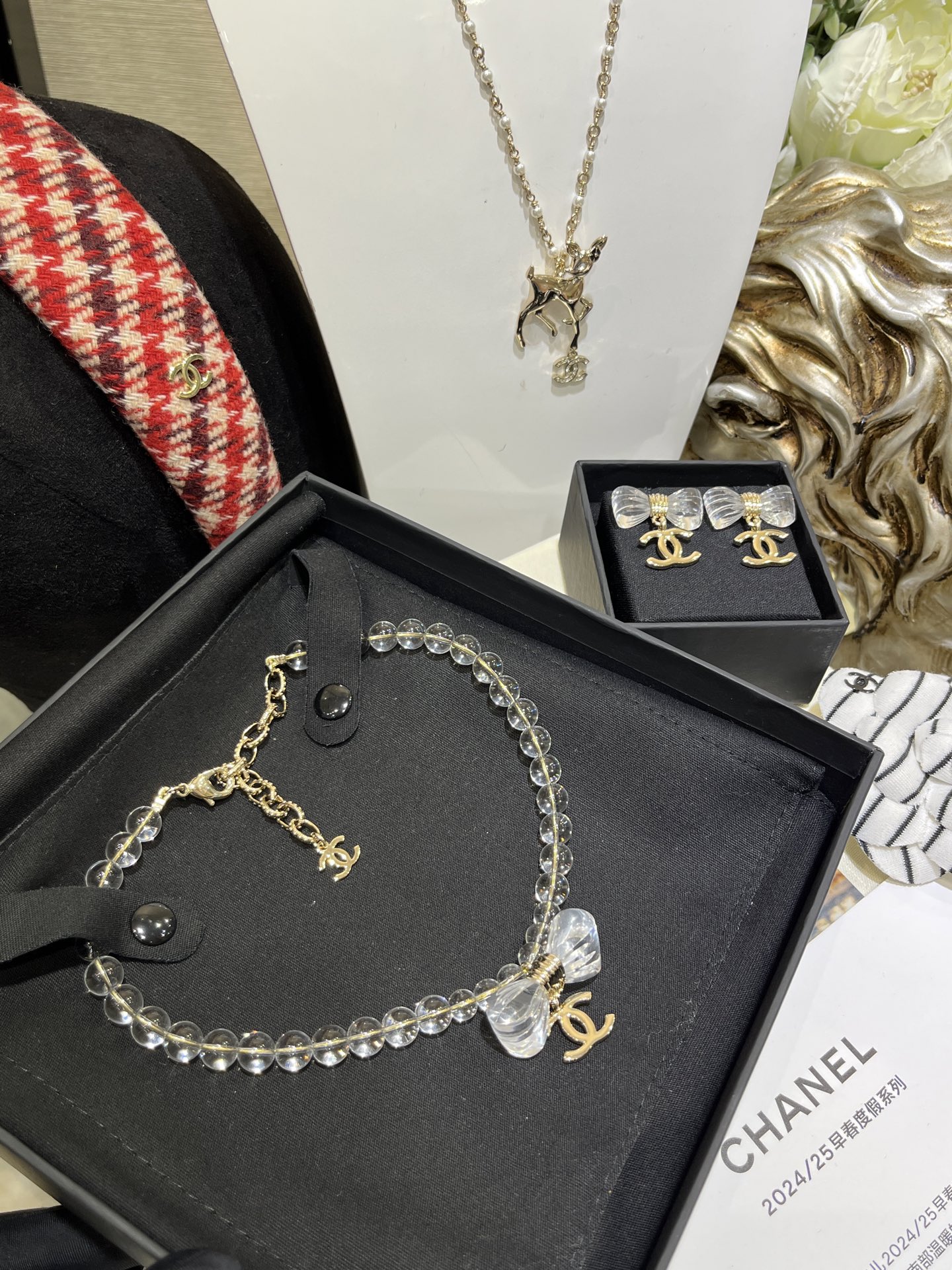 Chanel Transparent Beads Bow Knot CC Pendant Necklace - Best Replica Jewelry™