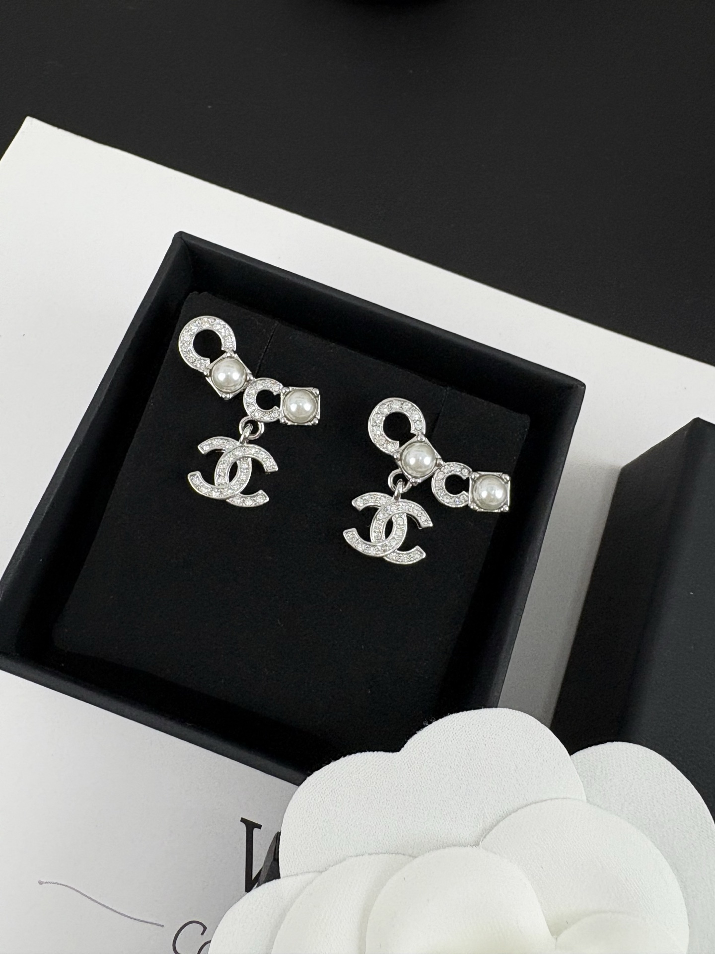 Chanel Full Diamond and Pearl Paved Coco Earrings - Best Replica Jewelry™