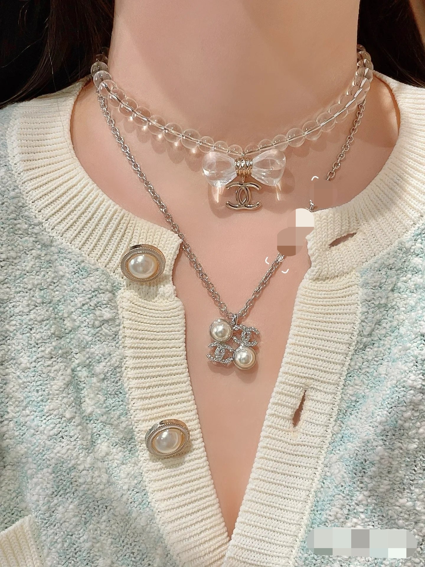 Chanel Silver Square Coco & Pearls Pendant Necklace - Best Replica Jewelry™