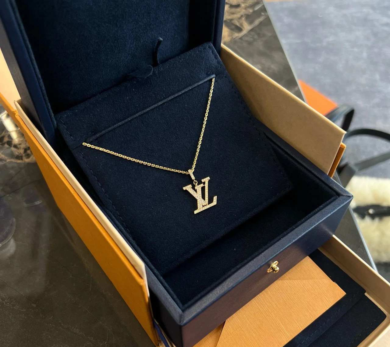 Louis Vuitton Full Diamond Paved LV Pendant Necklace - Best Replica Jewelry™