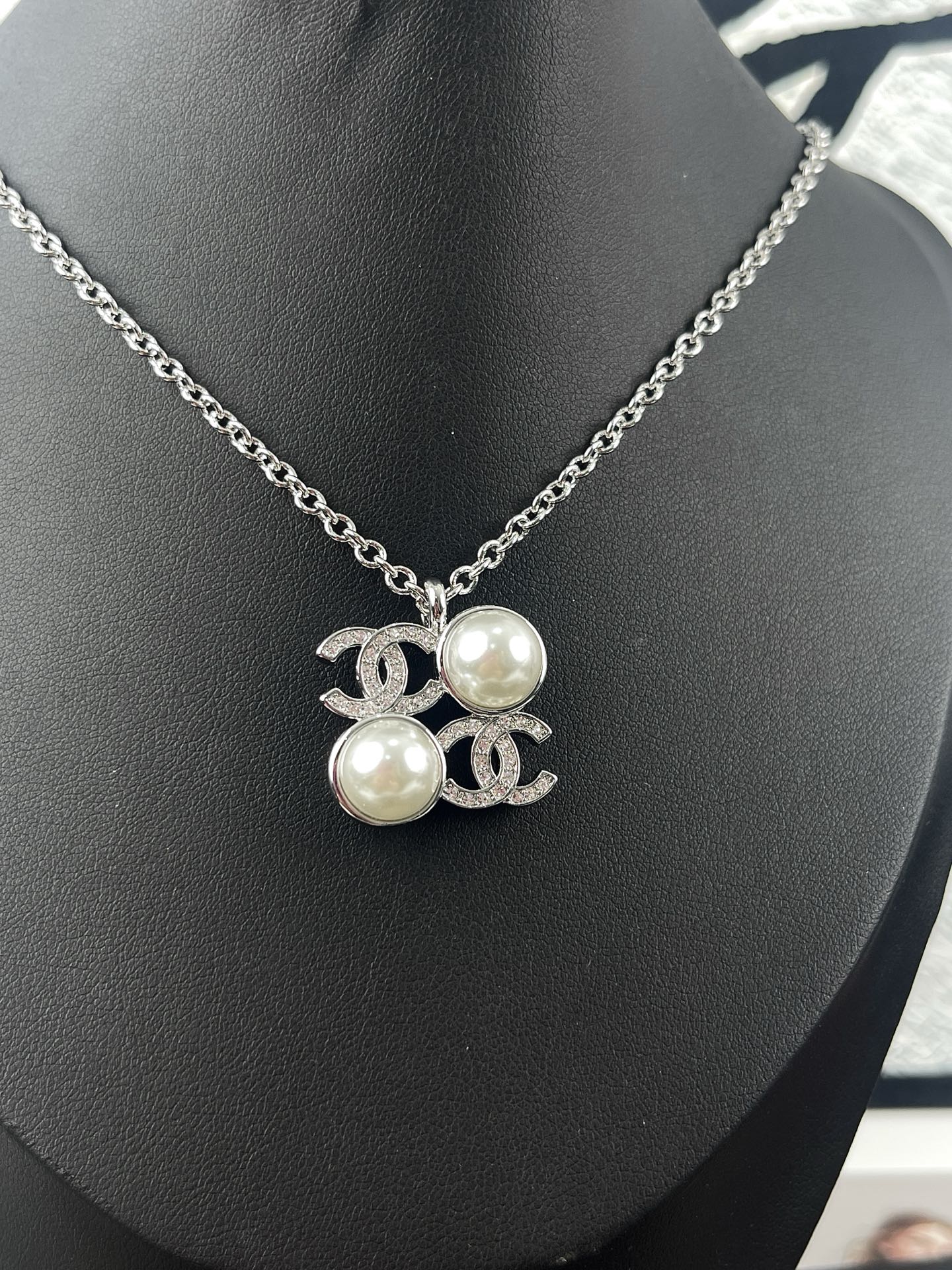 Chanel Silver Square Coco & Pearls Pendant Necklace - Best Replica Jewelry™