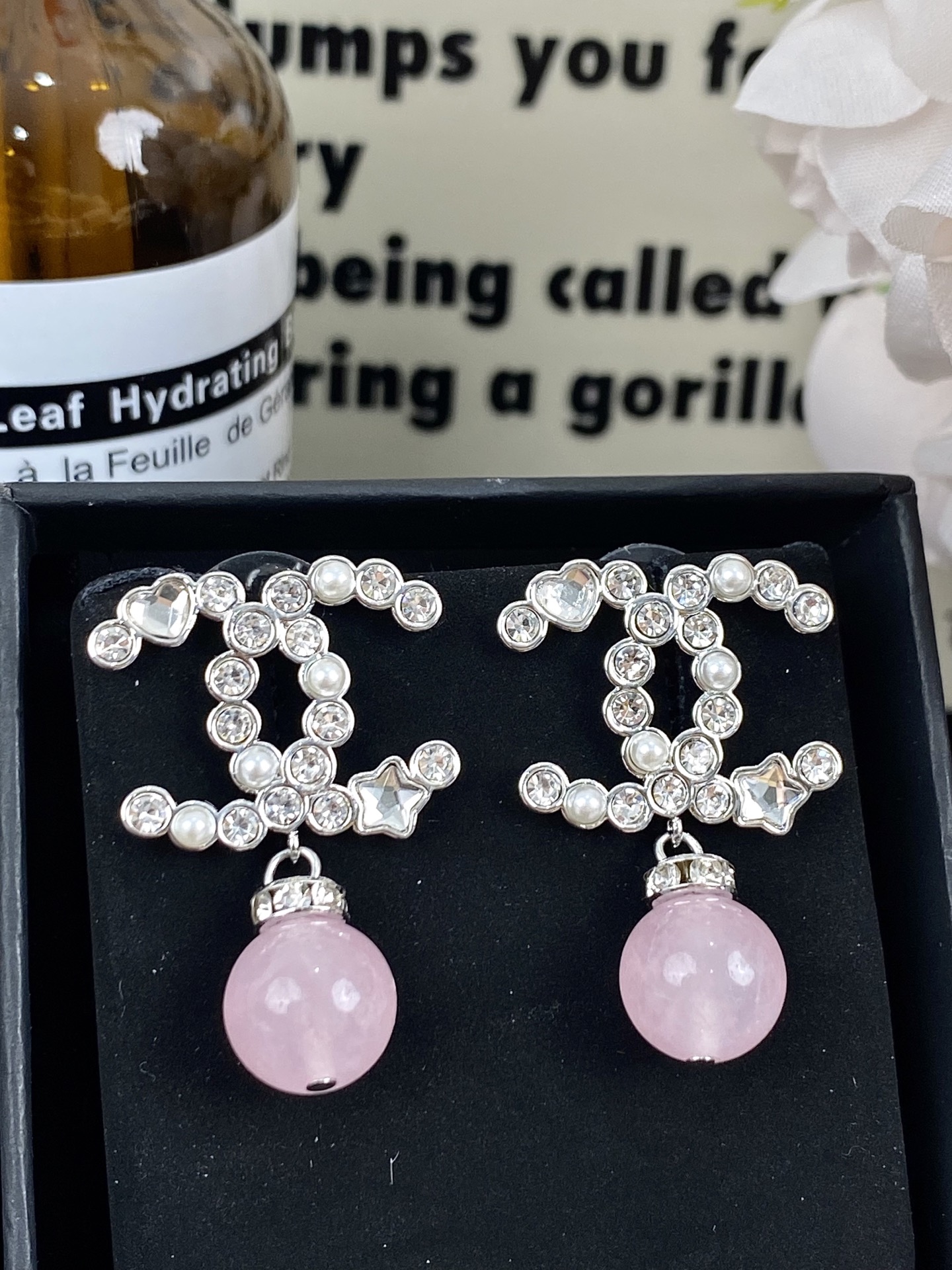 Chanel Pink Crystal Pearl Dangle Rhinestone CC Earrings - Best Replica Jewelry™