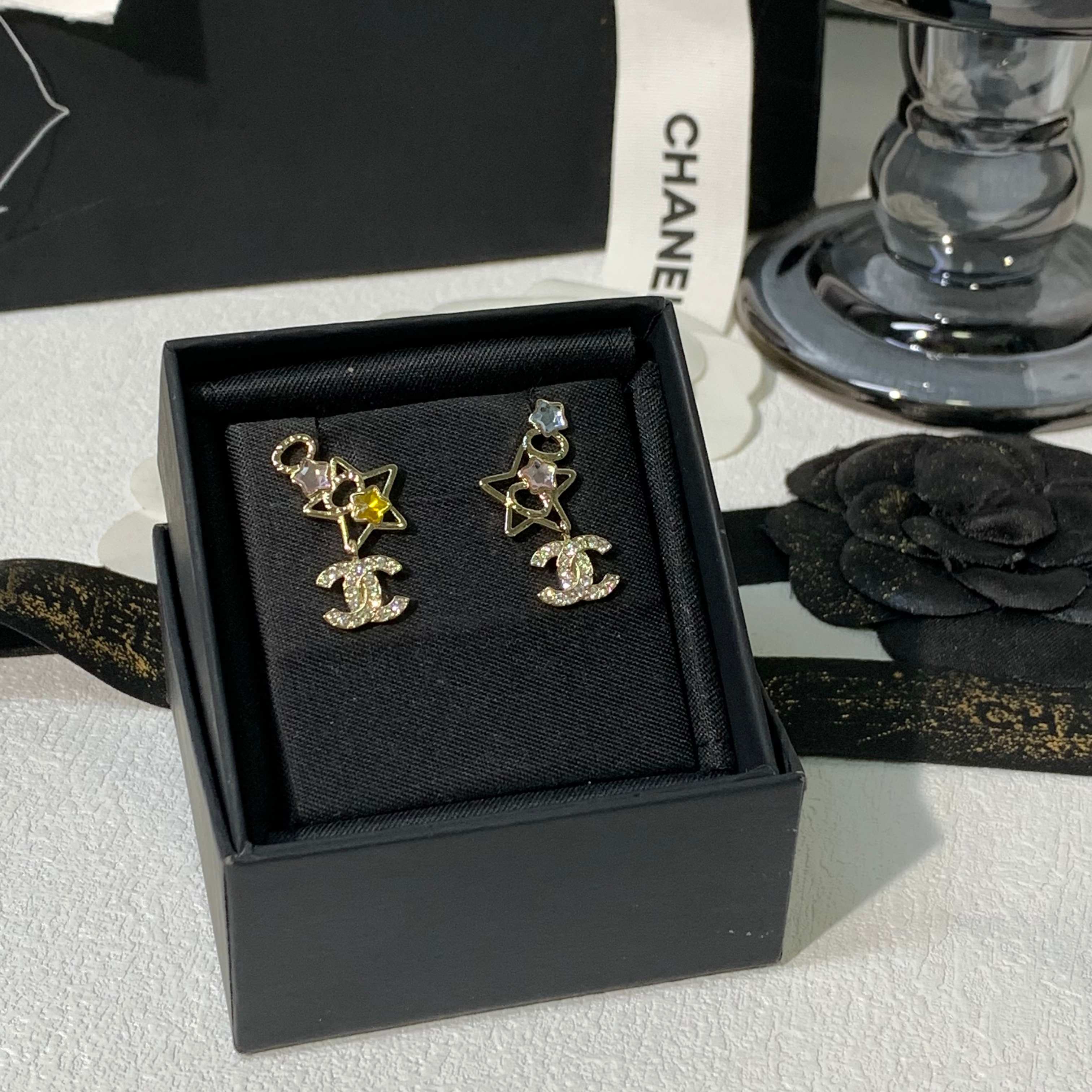 Chanel Asymmetric Color Gem Star Coco Drop Earrings - Best Replica Jewelry™