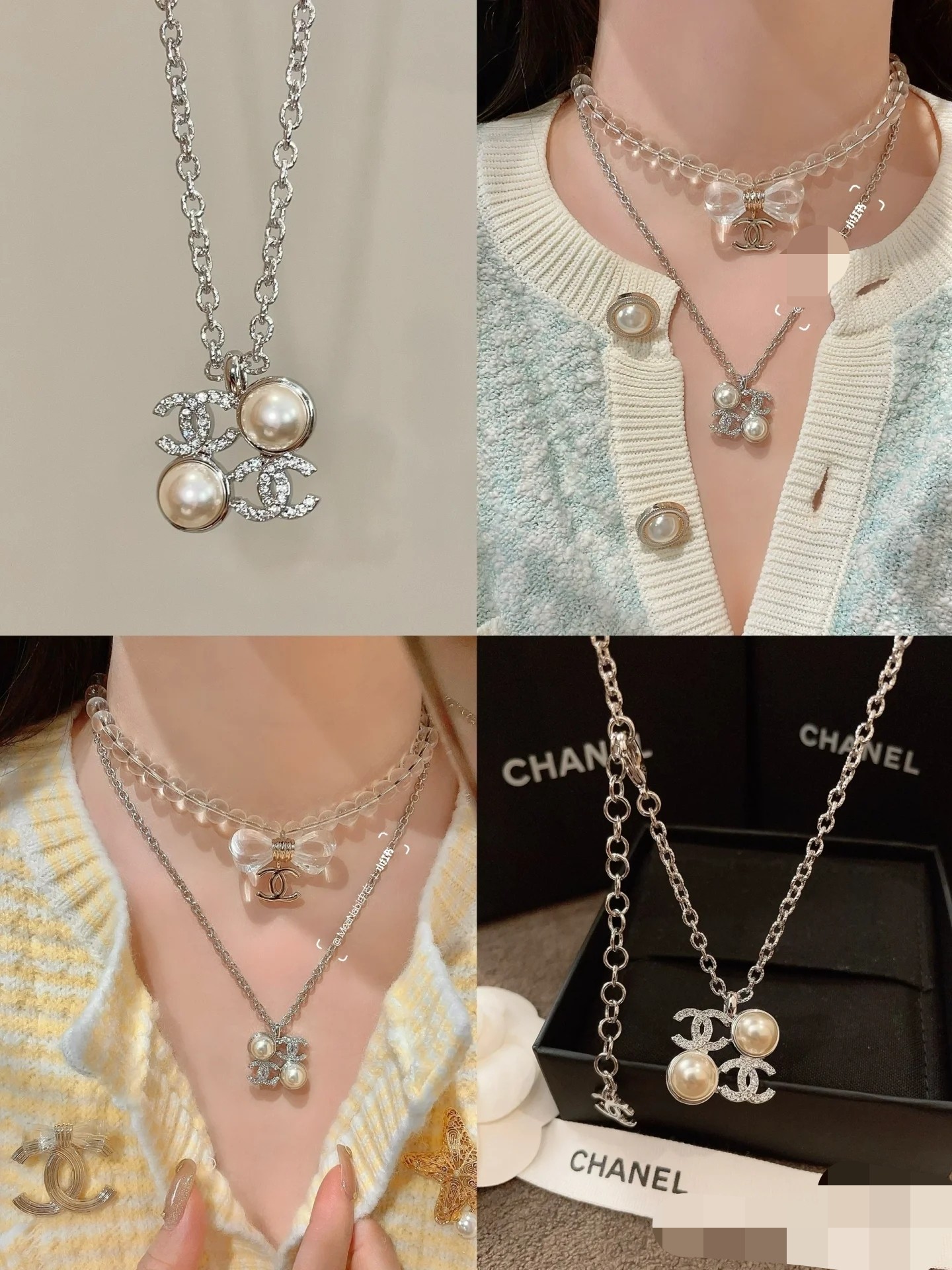 Chanel Silver Square Coco & Pearls Pendant Necklace - Best Replica Jewelry™
