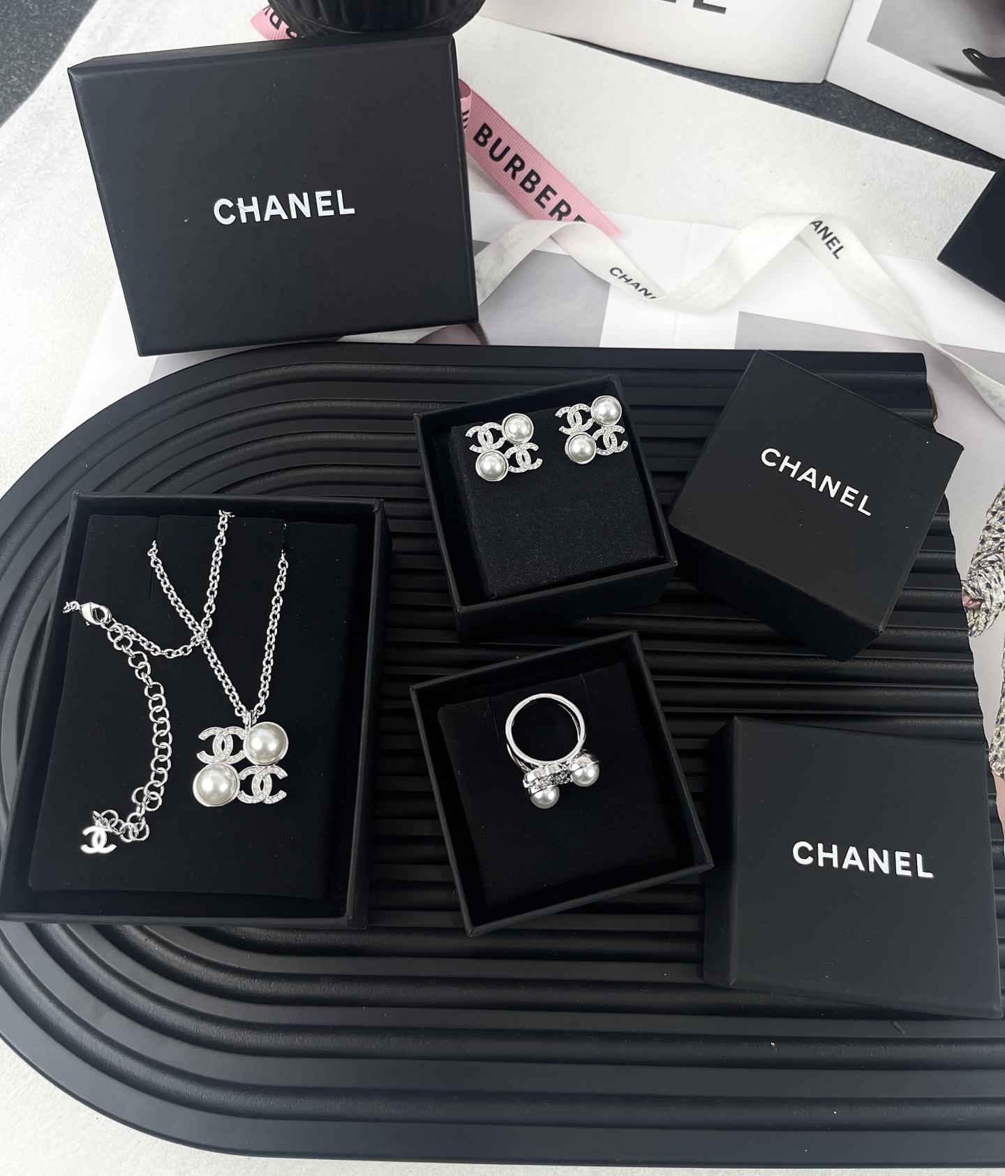 Chanel Silver Square Coco & Pearls Pendant Necklace - Best Replica Jewelry™