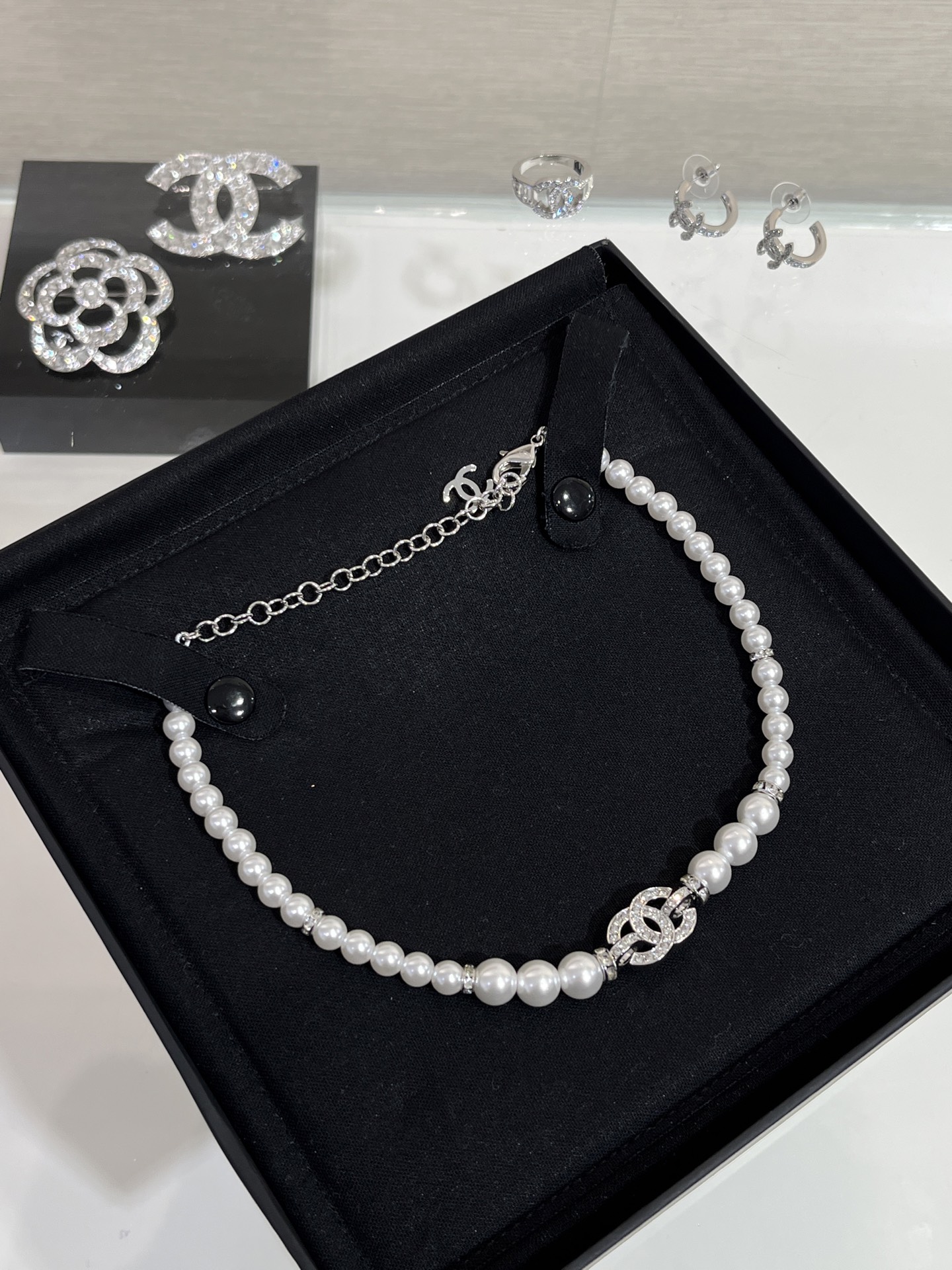 Chanel Full Diamond Paved CC Pendant Pearl Choker Necklace - Best Replica Jewelry™
