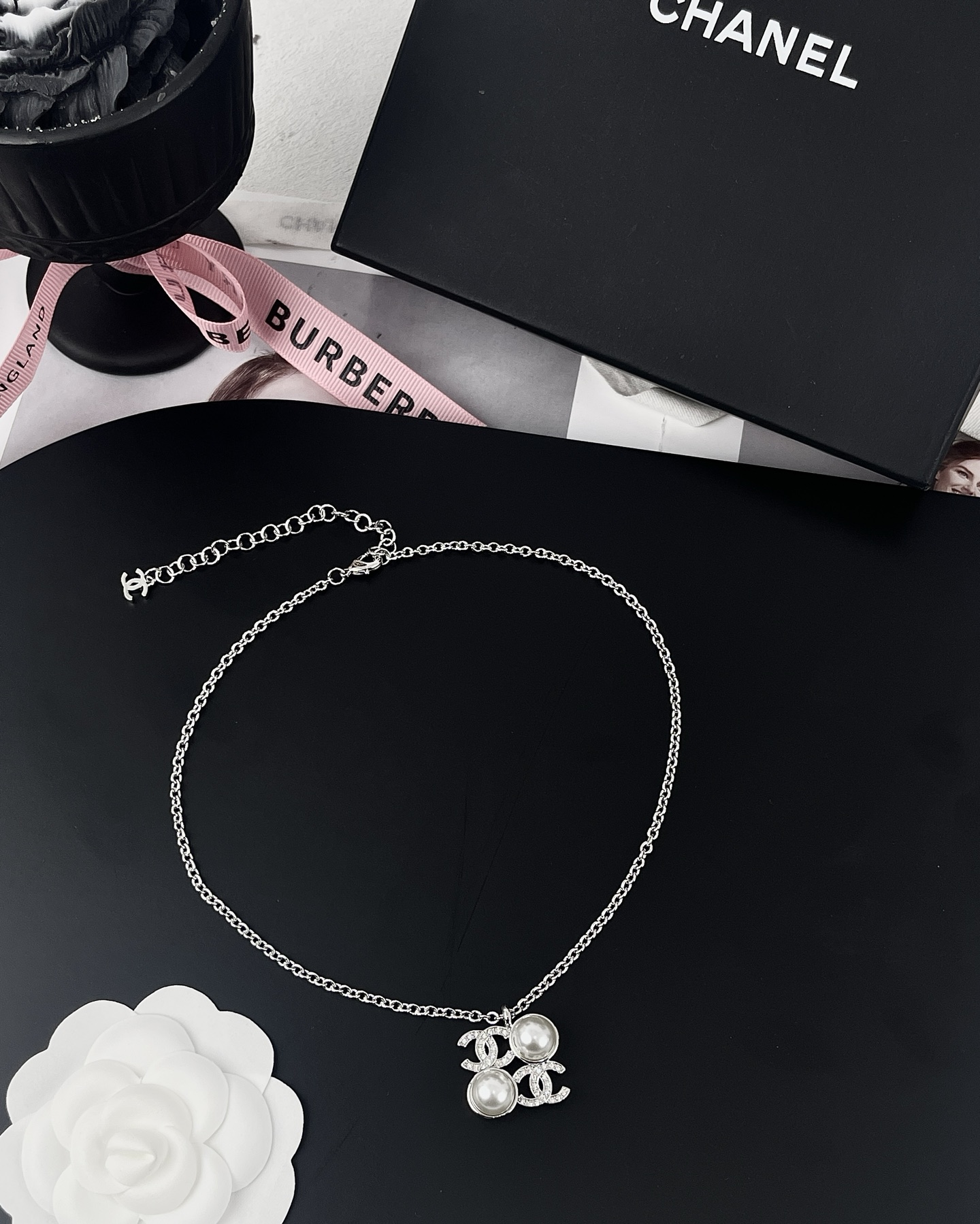 Chanel Silver Square Coco & Pearls Pendant Necklace - Best Replica Jewelry™