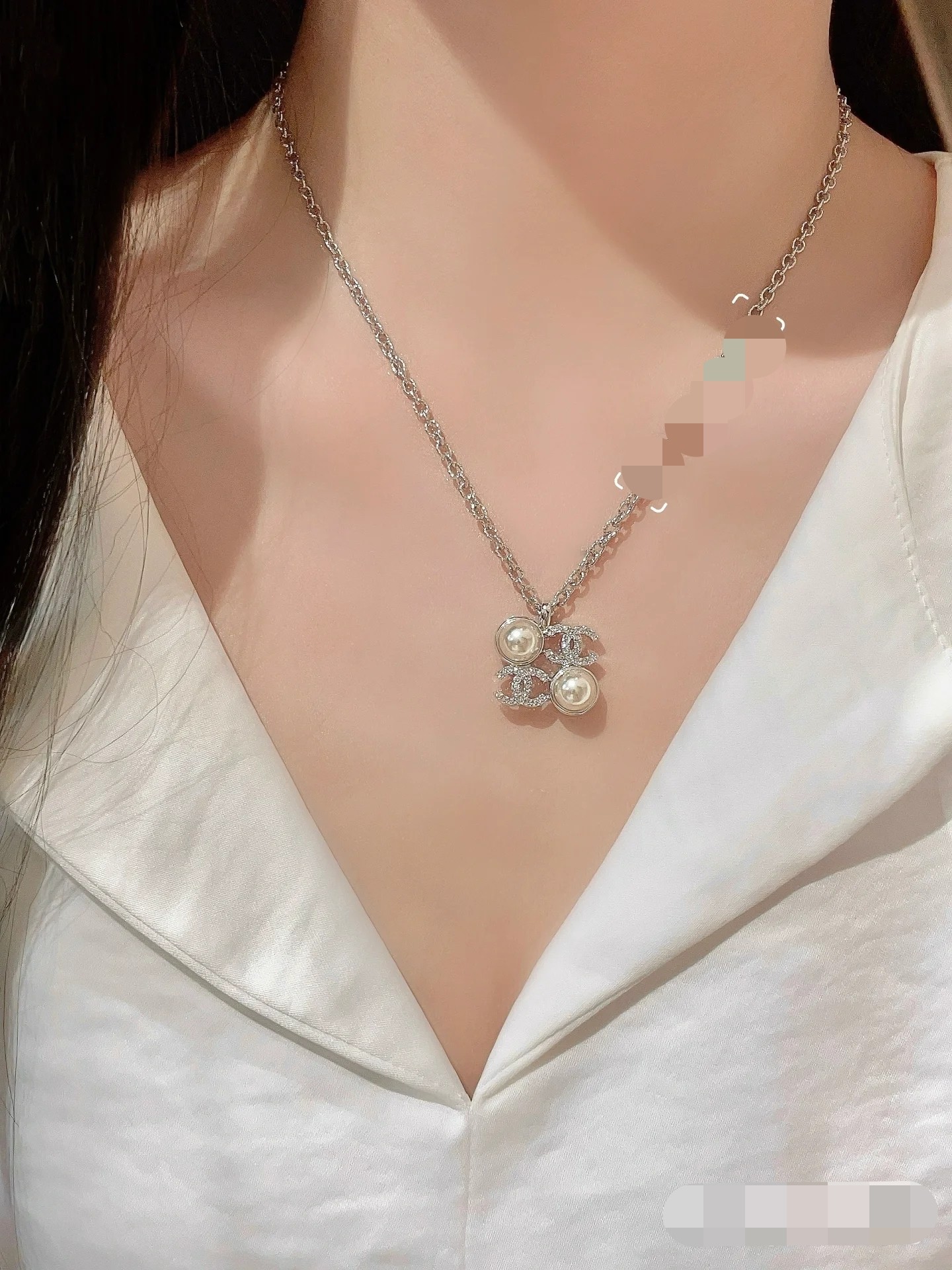 Chanel Silver Square Coco & Pearls Pendant Necklace - Best Replica Jewelry™