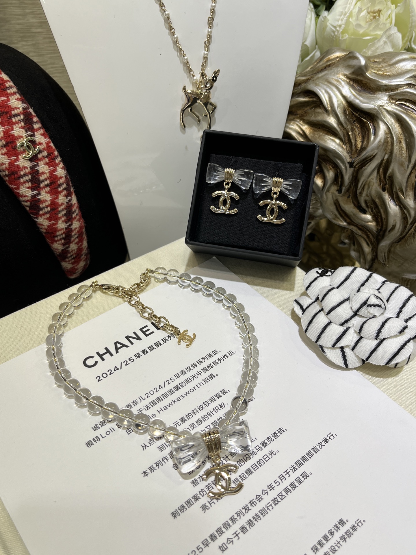 Chanel Transparent Beads Bow Knot CC Pendant Necklace - Best Replica Jewelry™