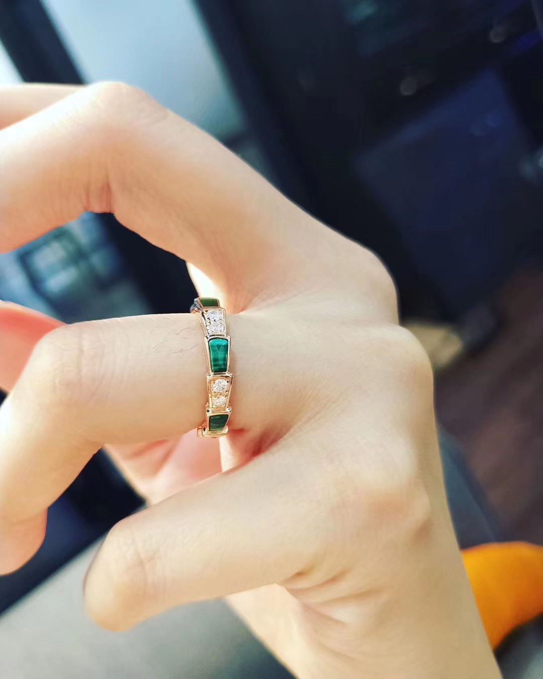 Bvlgari Rose Gold and Malachite Serpenti Viper Ring - Best Replica Jewelry™