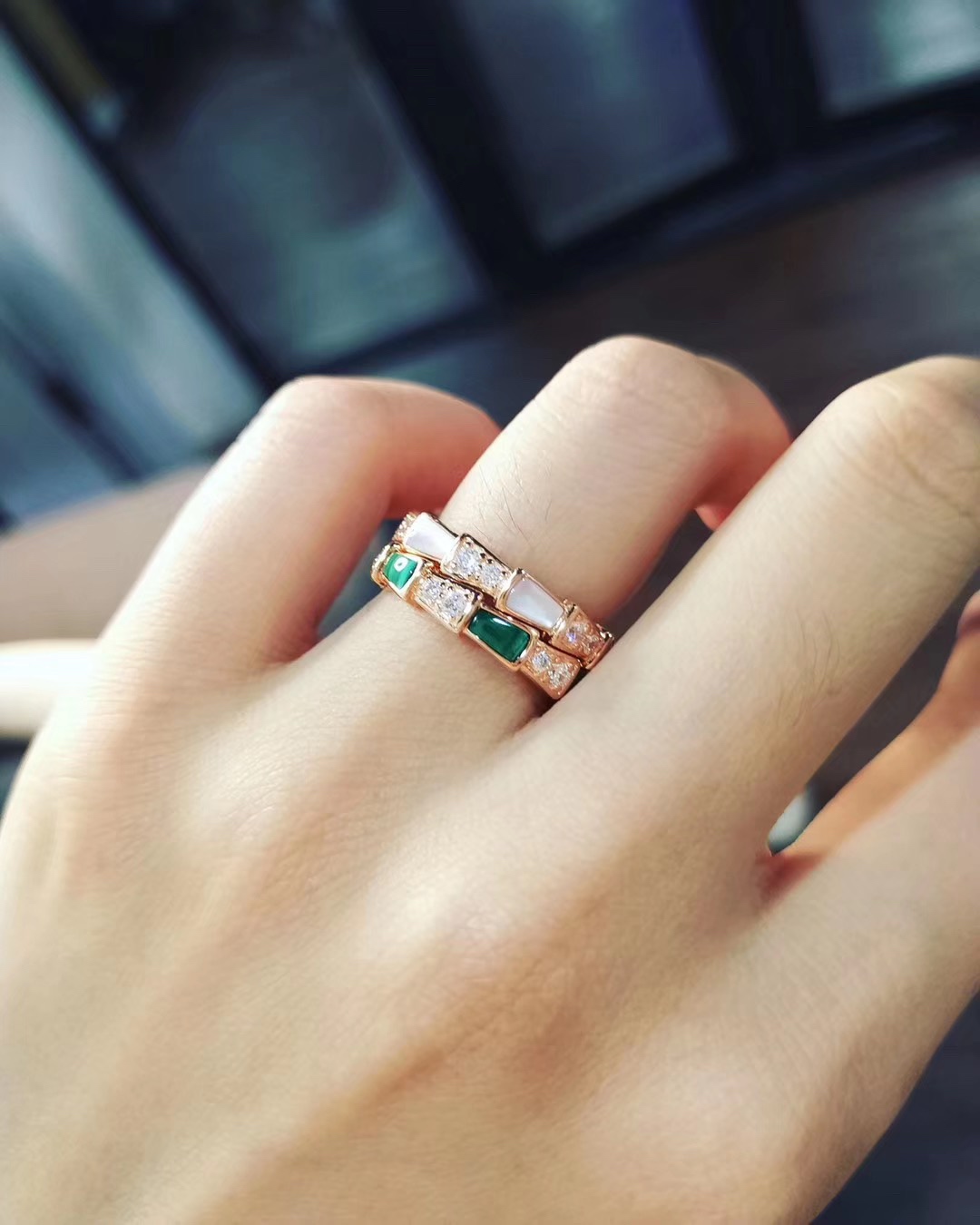 Bvlgari Rose Gold and Malachite Serpenti Viper Ring - Best Replica Jewelry™