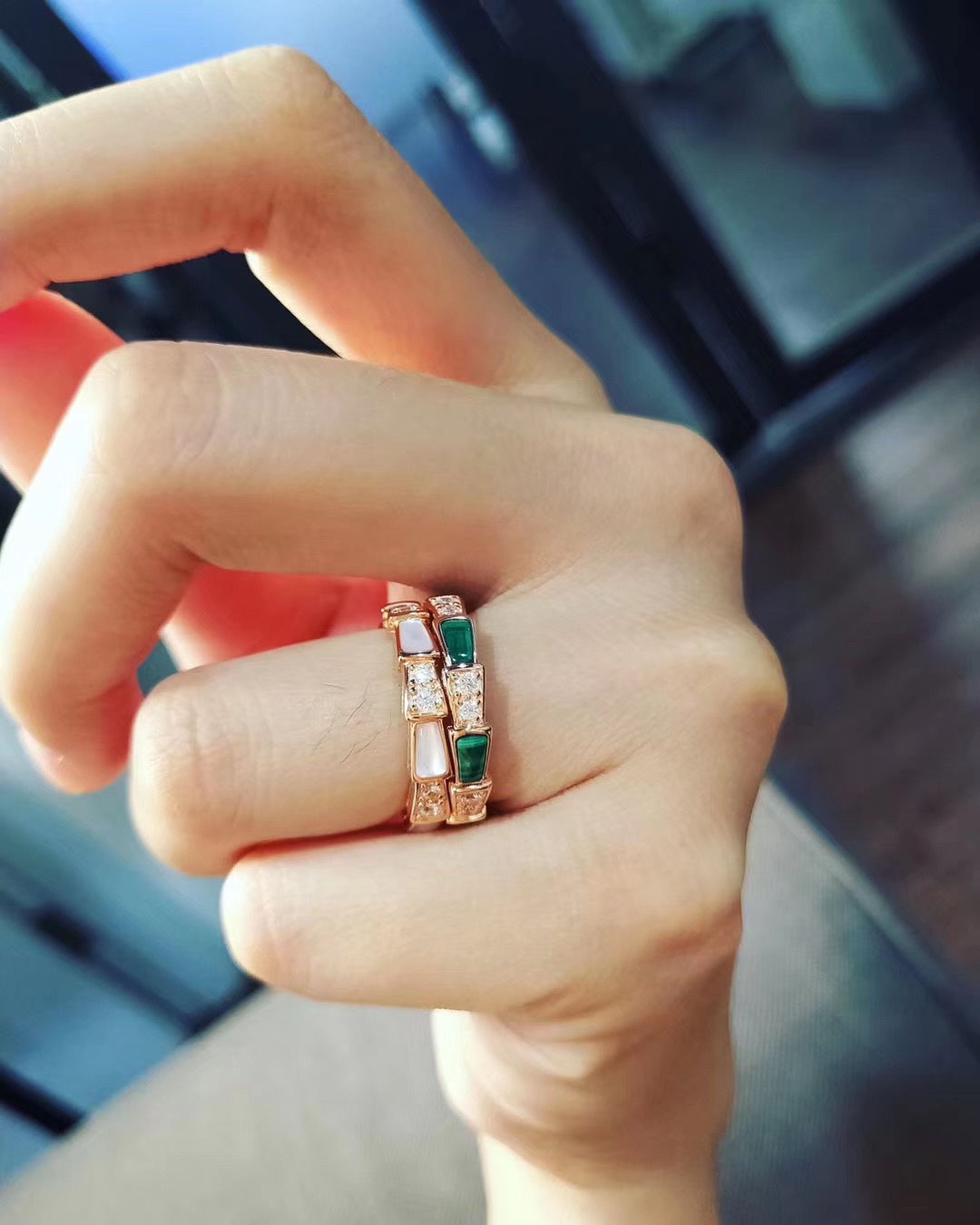 Bvlgari Rose Gold and Malachite Serpenti Viper Ring - Best Replica Jewelry™