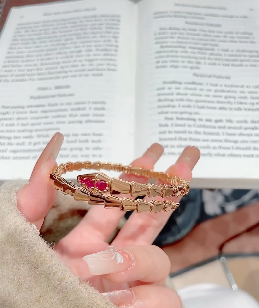 Bvlgari Rose Gold and Red Gem Serpenti Viper Bangle Bracelet