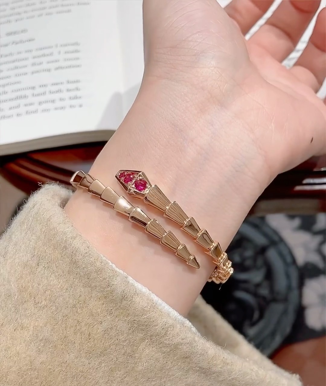 Bvlgari Rose Gold and Red Gem Serpenti Viper Bangle Bracelet