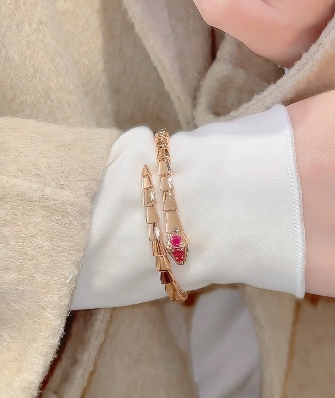 Bvlgari Rose Gold and Red Gem Serpenti Viper Bangle Bracelet