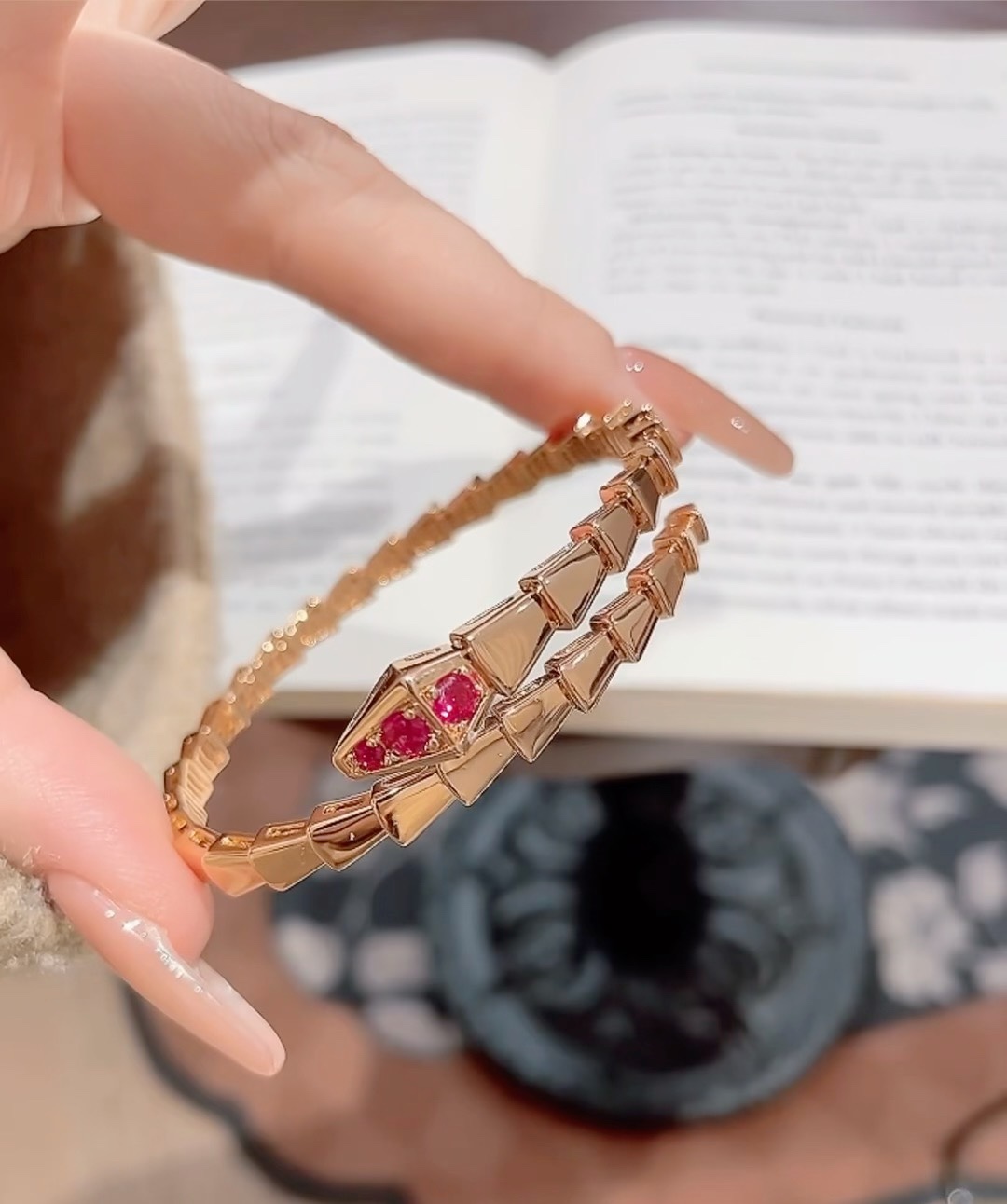 Bvlgari Rose Gold and Red Gem Serpenti Viper Bangle Bracelet