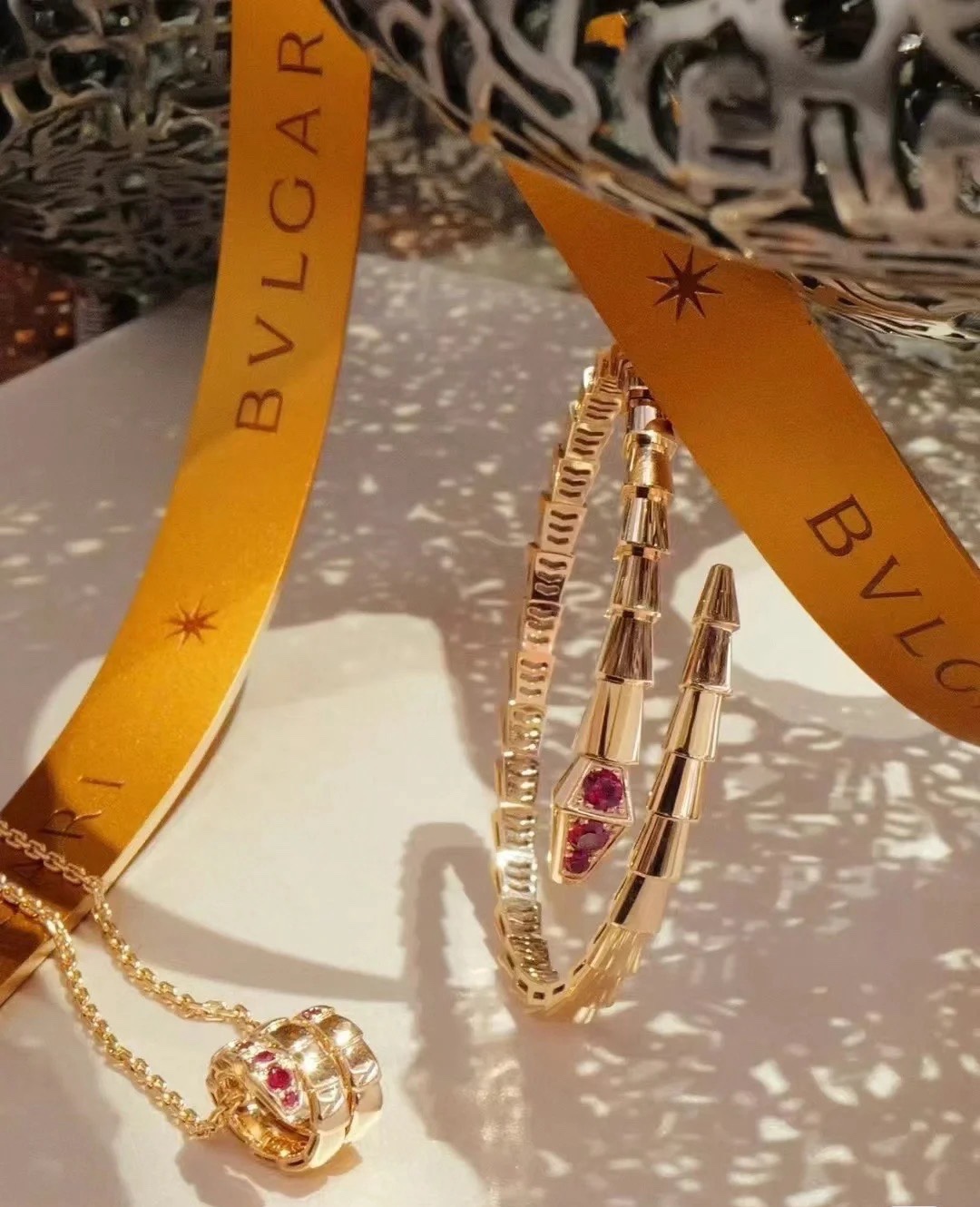 Bvlgari Rose Gold and Red Gem Serpenti Viper Bangle Bracelet