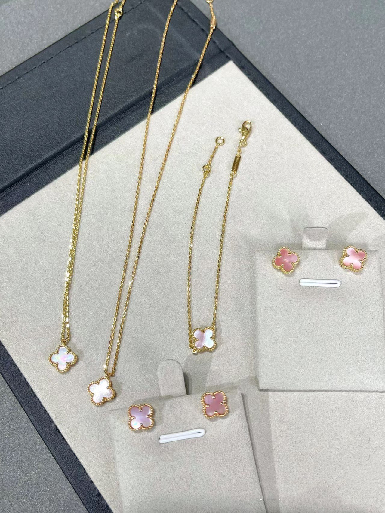 Dupe Van Cleef & Arpels Pink Clover Sweet Alhambra Pendant Necklace Earrings Bracelet Set