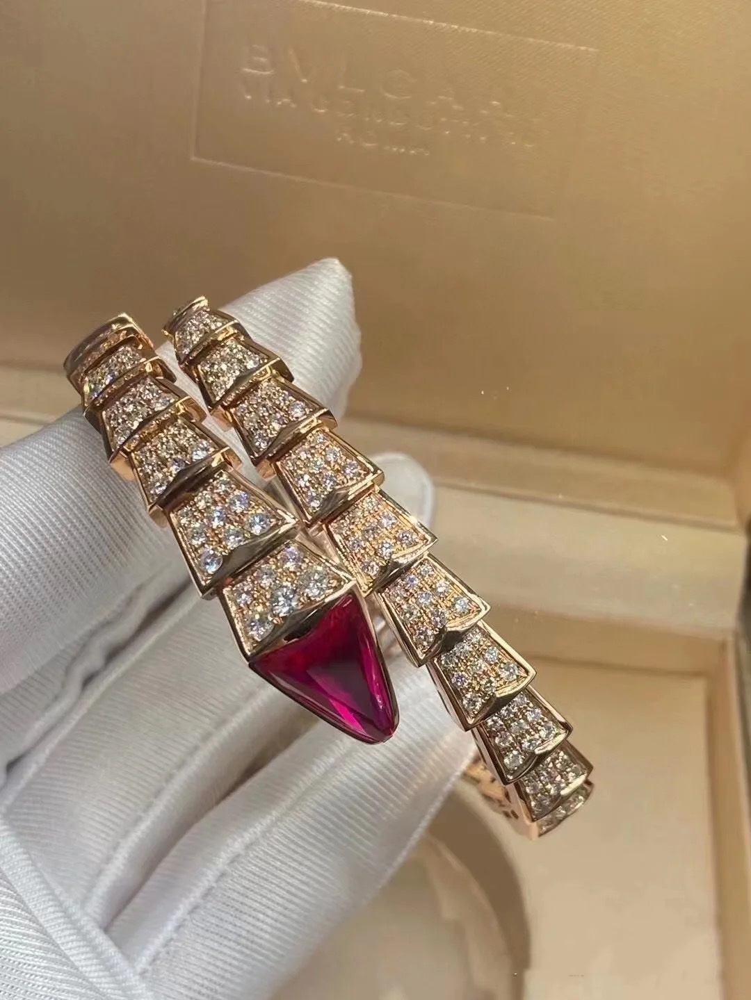 Dupe Bvlgari Serpenti Viper Bracelet in Rose Gold with Diamond and Rubellite