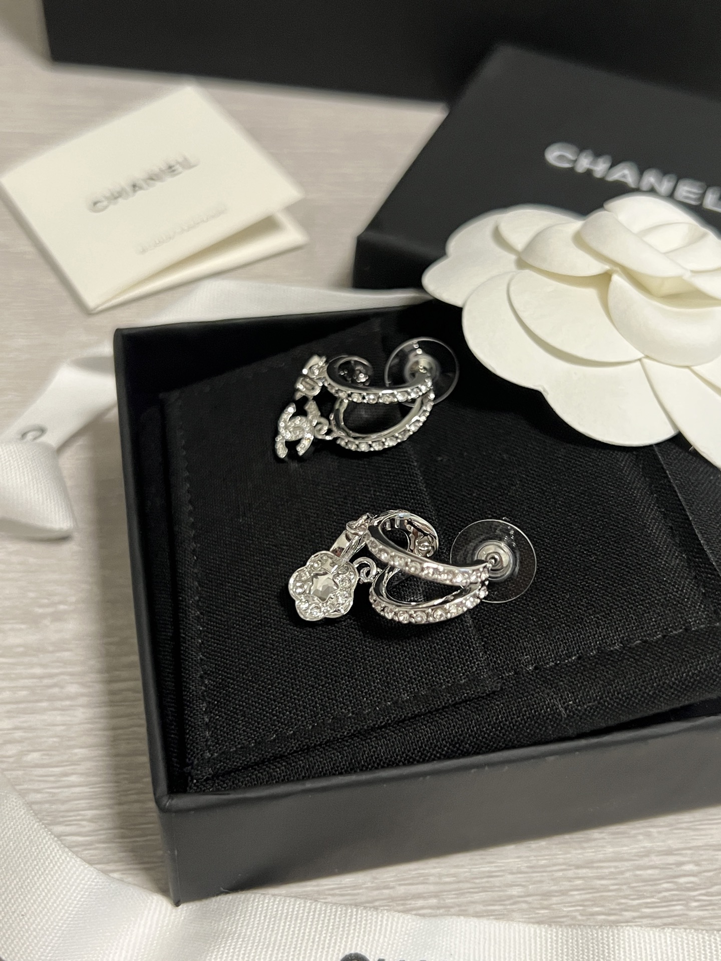 Chanel Asymmetric Silver Earrings with Rhinestone Perfume Bottle Camellia CC Dangle