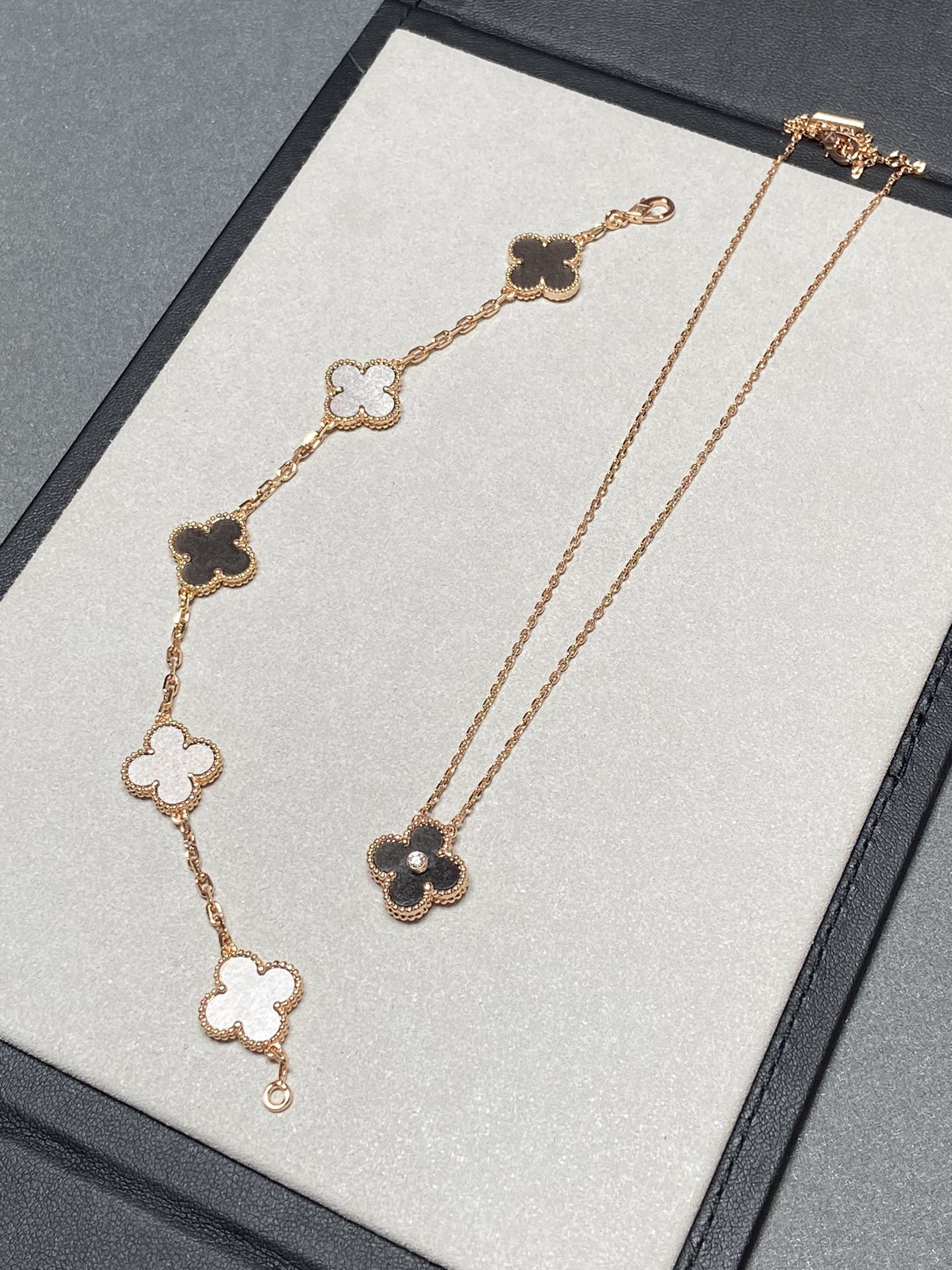 Dupe Van Cleef & Arpels Obsidian Alhambra Bracelet and Necklace