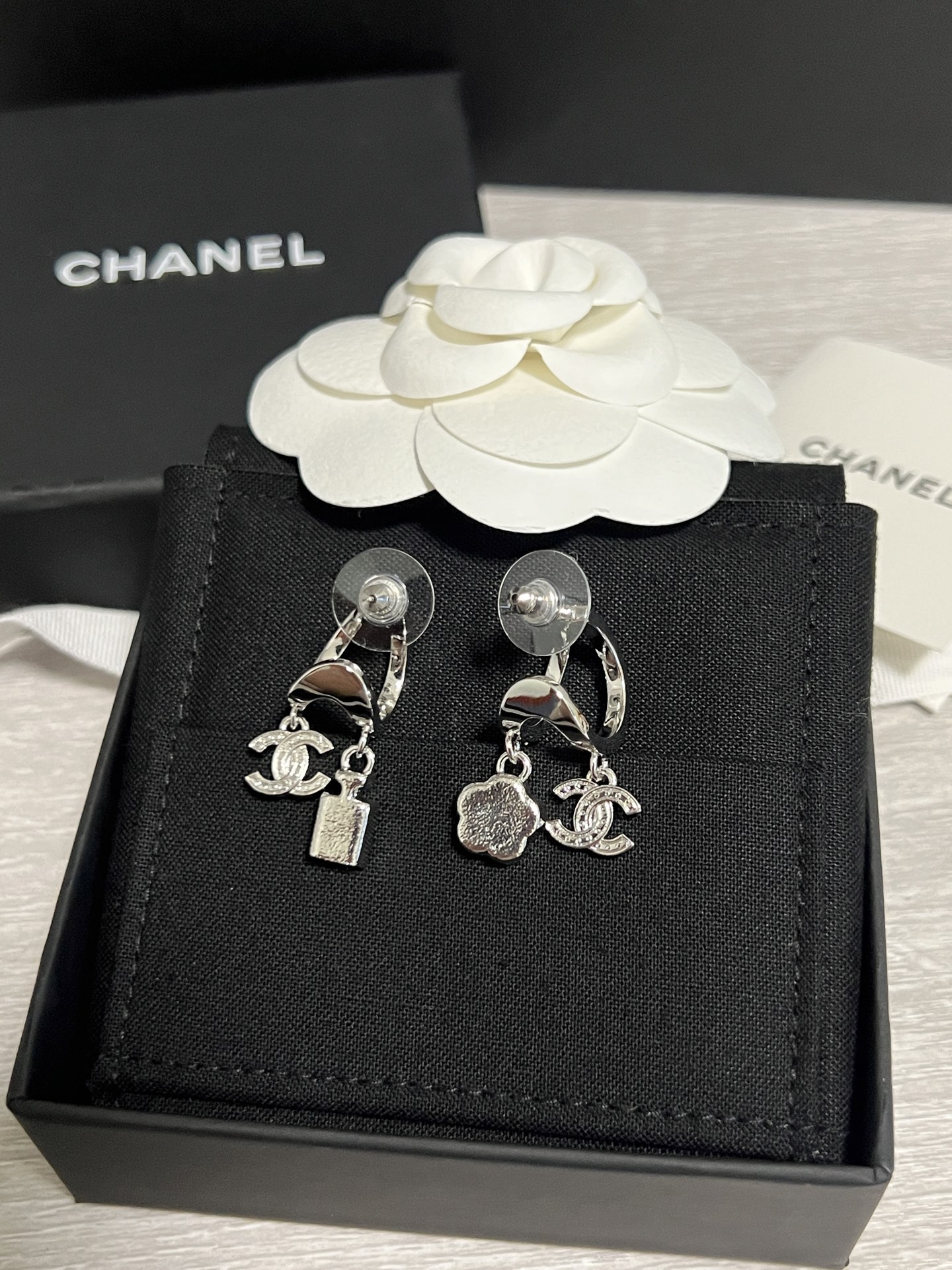 Chanel Asymmetric Silver Earrings with Rhinestone Perfume Bottle Camellia CC Dangle