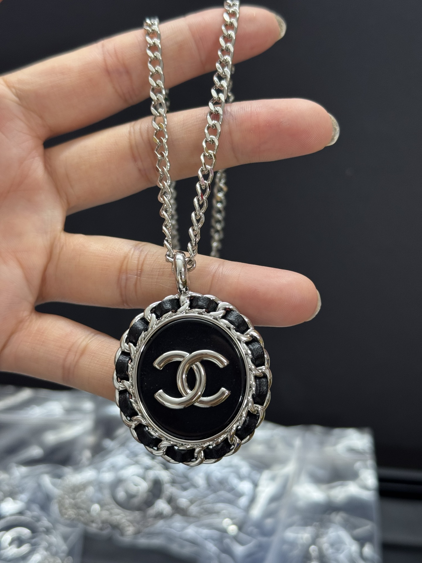 Dupe Chanel Large Leather Wrap Black Enamel Oval Pendant Necklace