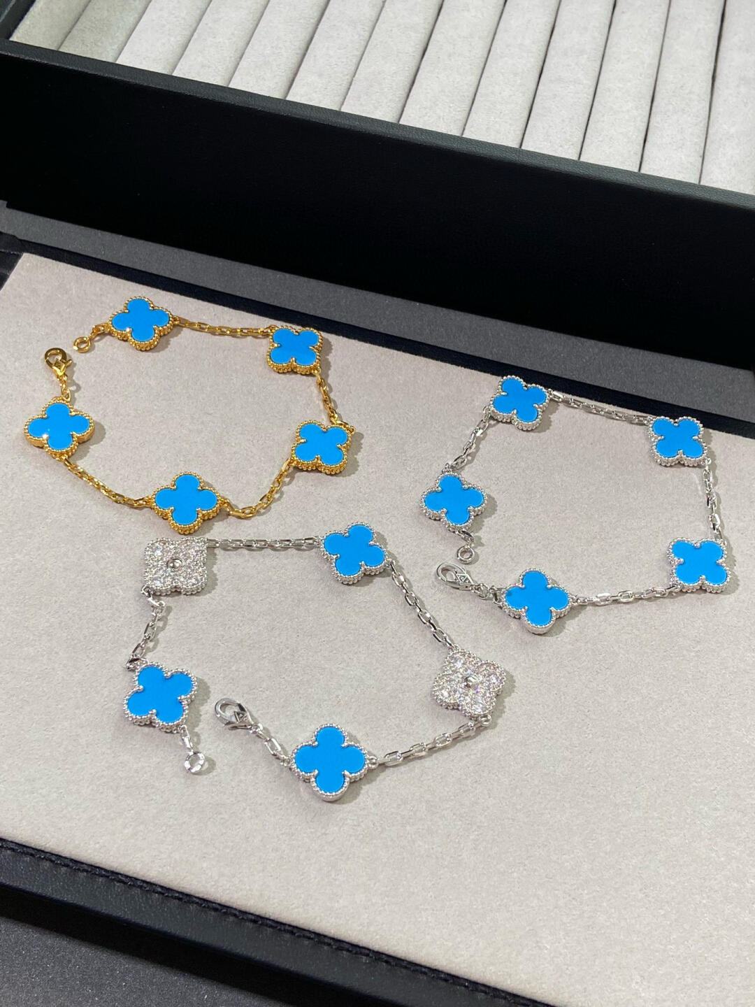 Dupe Van Cleef & Arpels Blue Agate VIntage Alhambra Bracelet, 5 Motifs