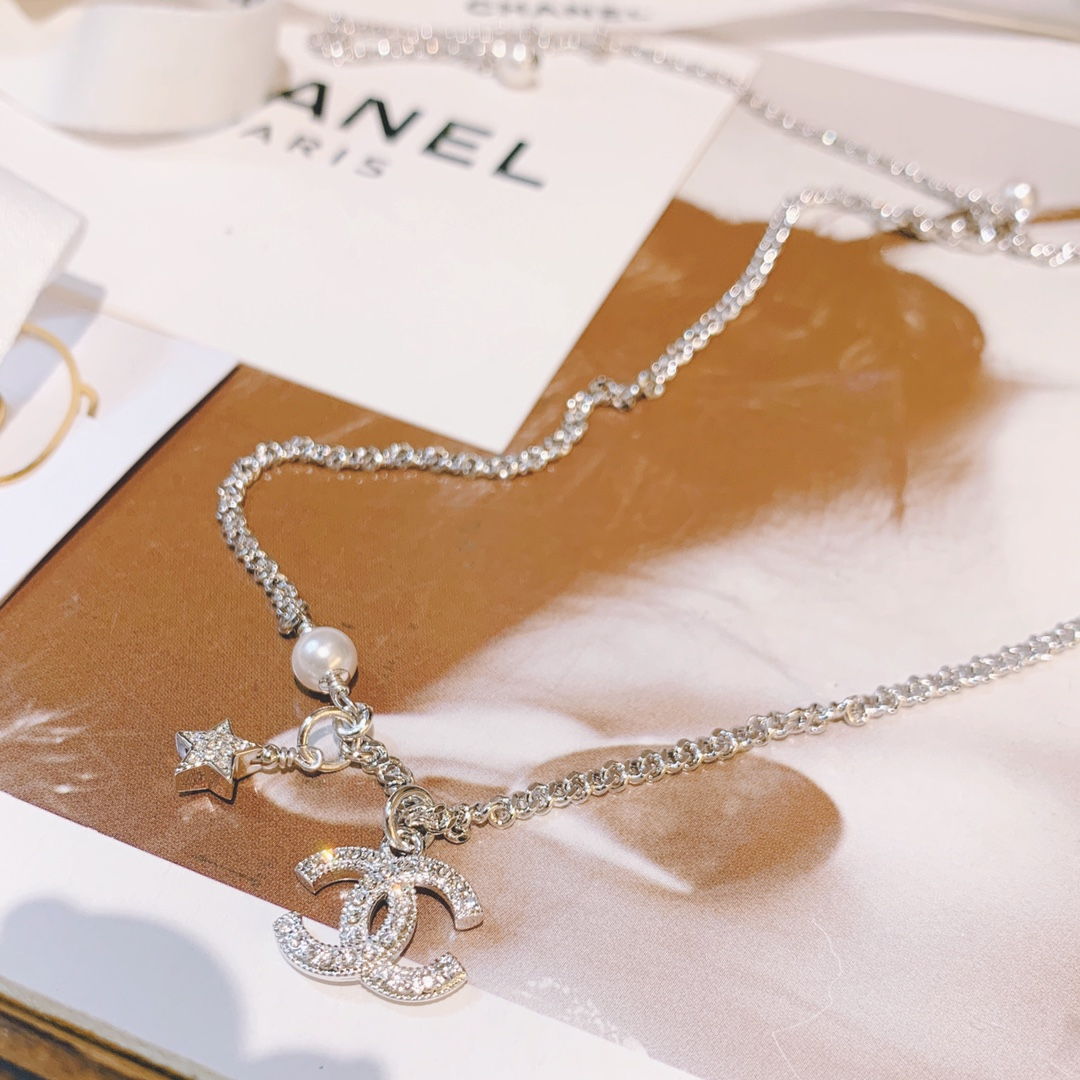 Dupe Chanel Minimalistic Star CC Pendant Silver Bracelet Necklace