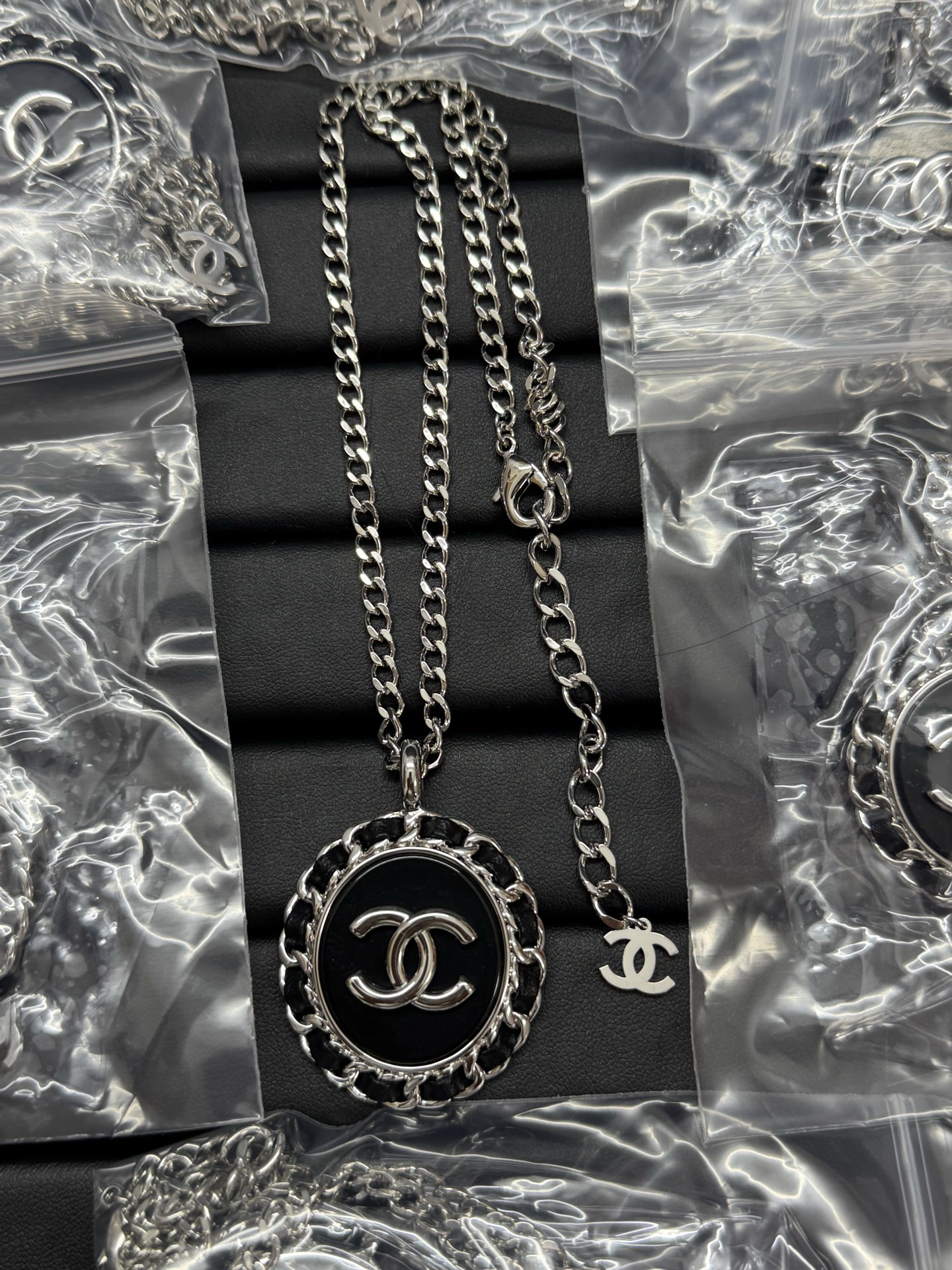 Dupe Chanel Large Leather Wrap Black Enamel Oval Pendant Necklace