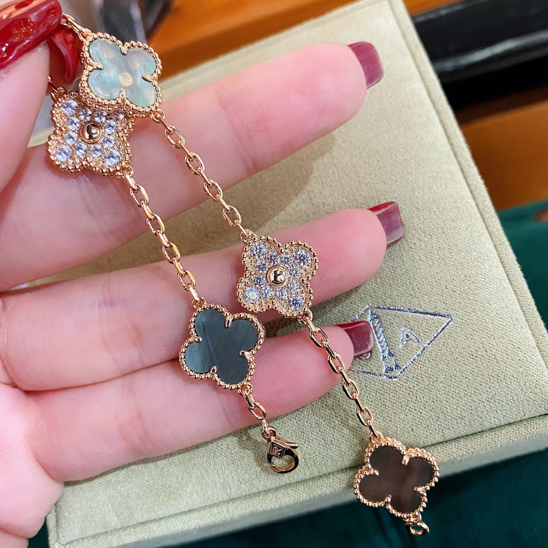 Dupe Van Cleef & Arpels Rose Gold Gray Mother of Pearl & Diamond Vintage Alhambra Bracelet, 5 Motifs
