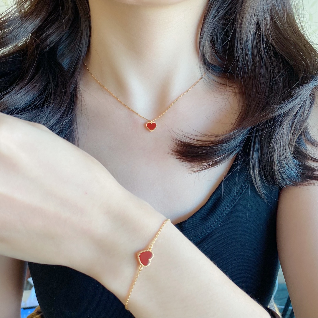Dupe Van Cleef & Arpels Yellow Gold Red Sweet Heart Earrings Bracelet Necklace