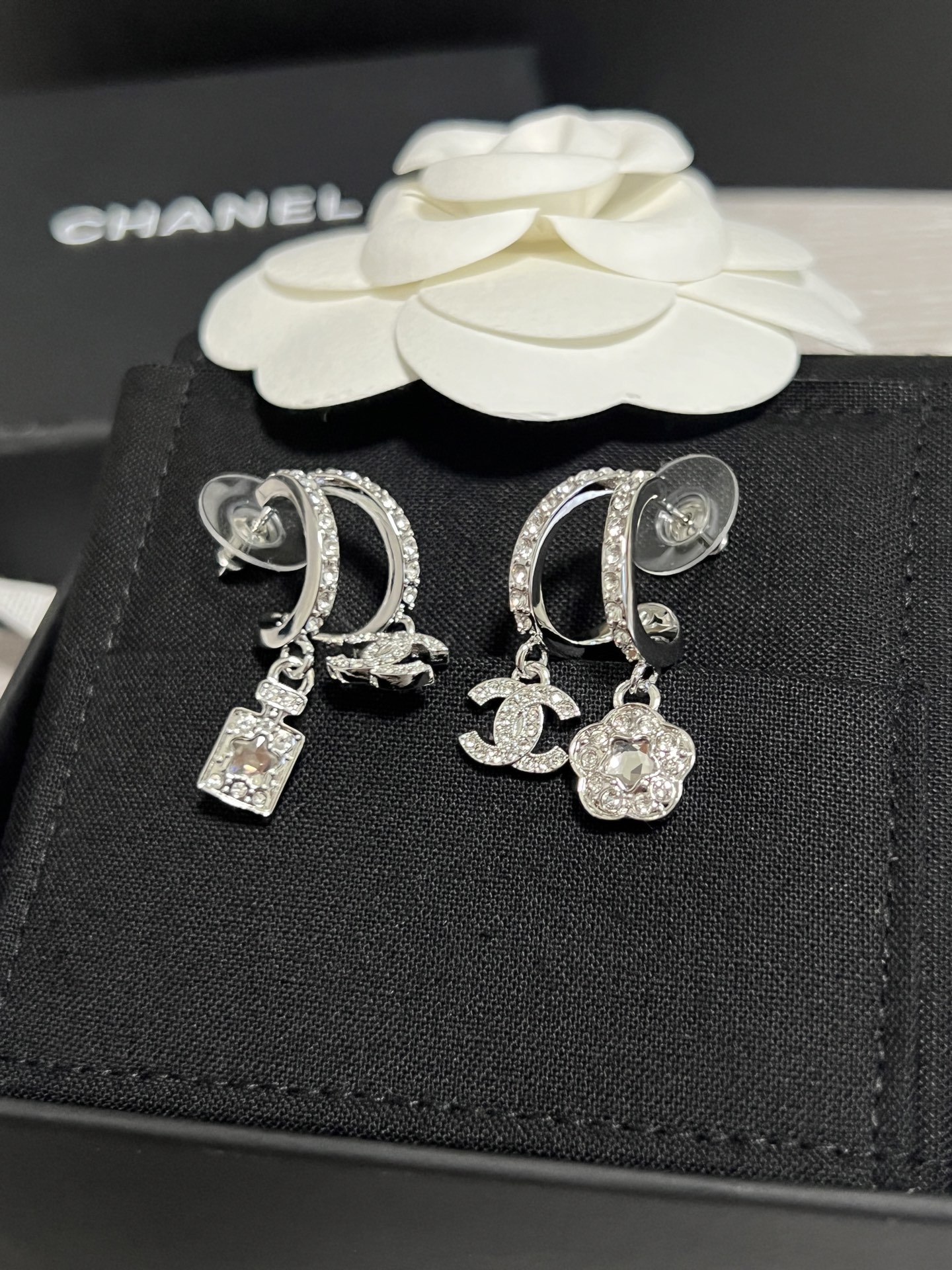 Chanel Asymmetric Silver Earrings with Rhinestone Perfume Bottle Camellia CC Dangle