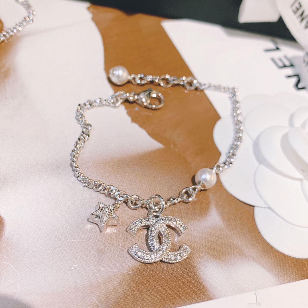 Dupe Chanel Minimalistic Star CC Pendant Silver Bracelet Necklace